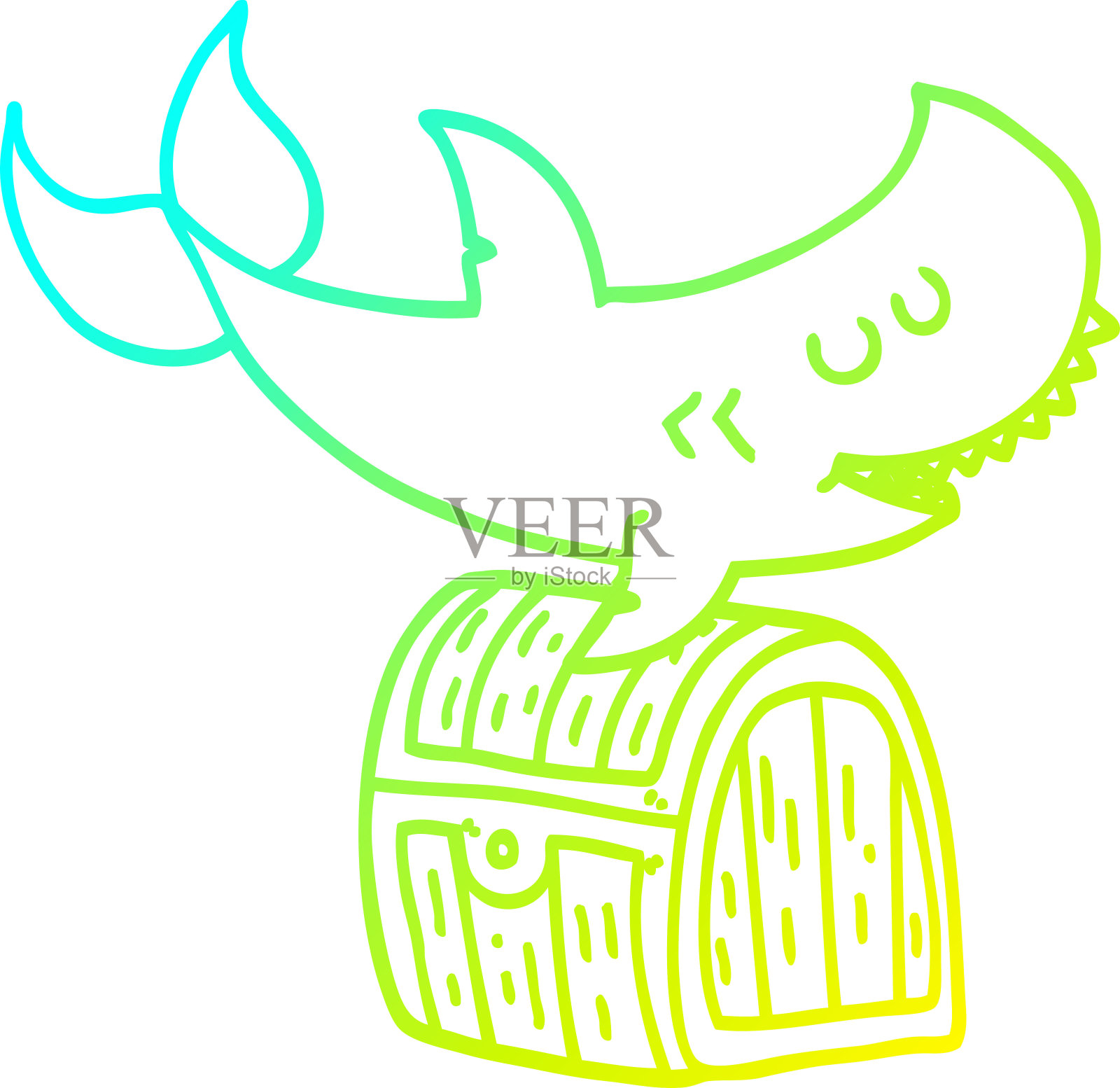 冷梯度线绘制的卡通鲨鱼游泳在宝箱插画图片素材