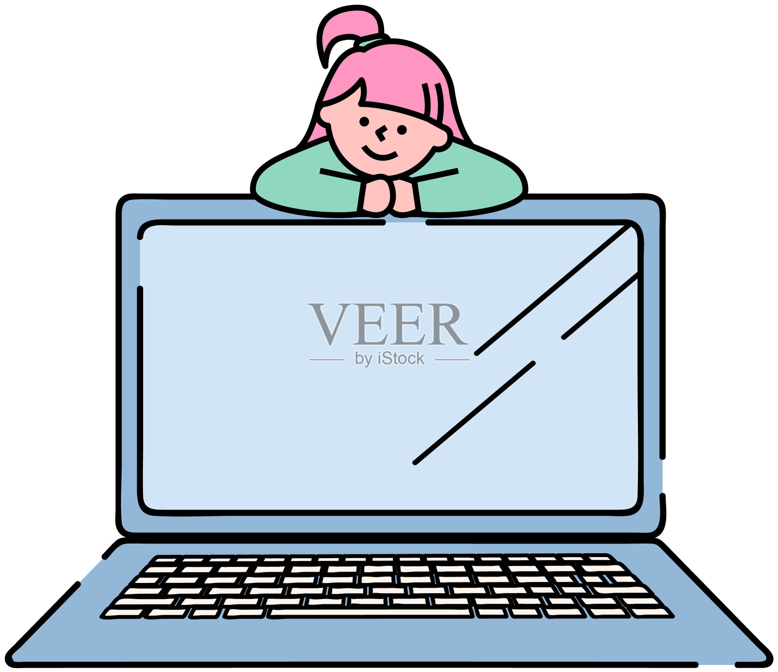 女士在便携式个人电脑。女孩使用智能屏幕电子设备与键盘，笔记本电脑插画图片素材