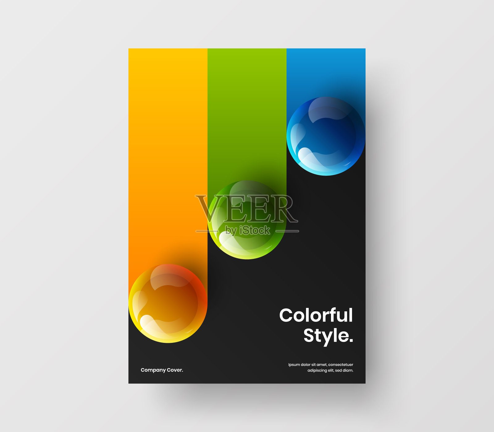 彩色3D球体演示概念。孤立的小册子A4矢量设计布局。插画图片素材