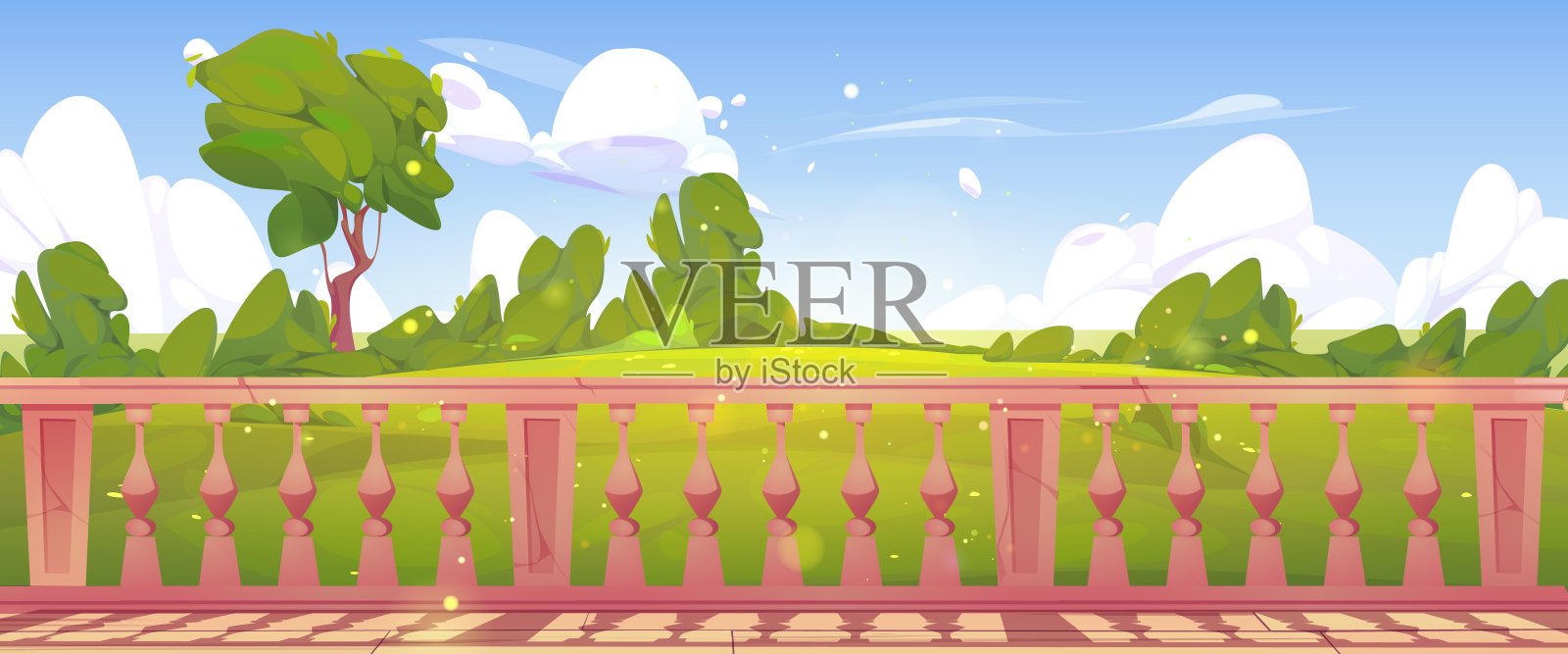 带大理石栏杆和景观的家庭露台插画图片素材