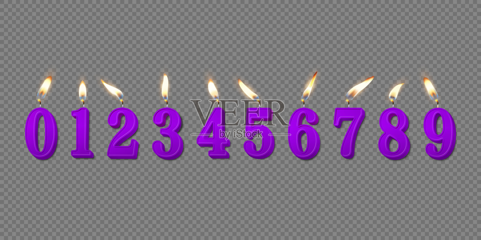 矢量3d现实石蜡或蜡燃烧紫色生日派对蜡烛，数字和不同的火焰蜡烛图标集隔离。设计模板，剪贴画，生日概念。俯视图插画图片素材