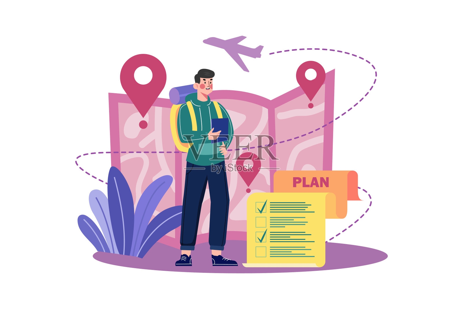 年轻人与行李，规划观光路线的景点插画图片素材