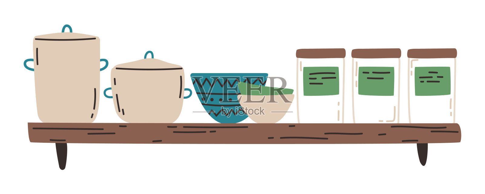 厨房货架与厨具平面矢量插图。厨房房间的内部。平底锅，碗和罐子插画图片素材