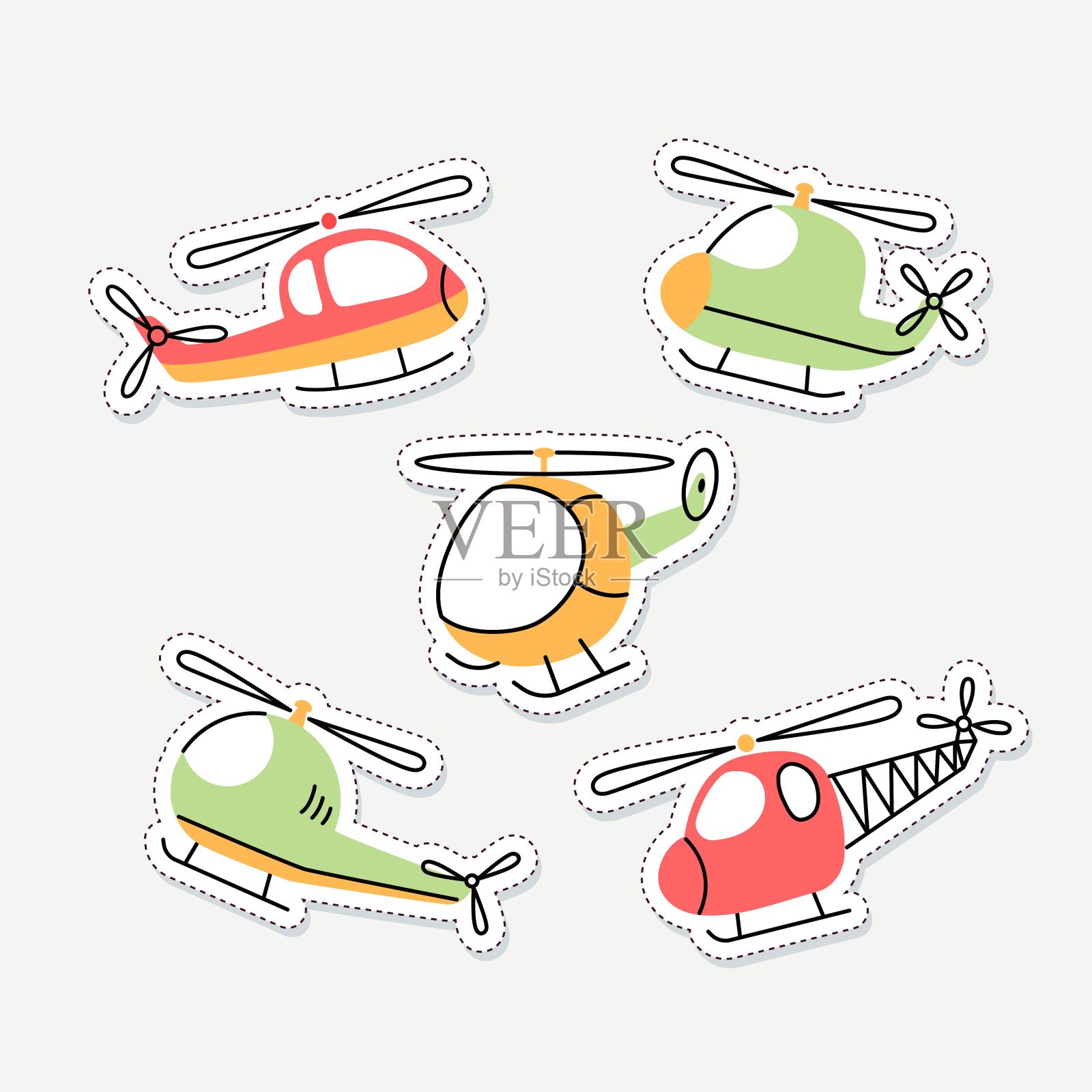 一套可爱的直升机补丁孤立的白色背景插画图片素材