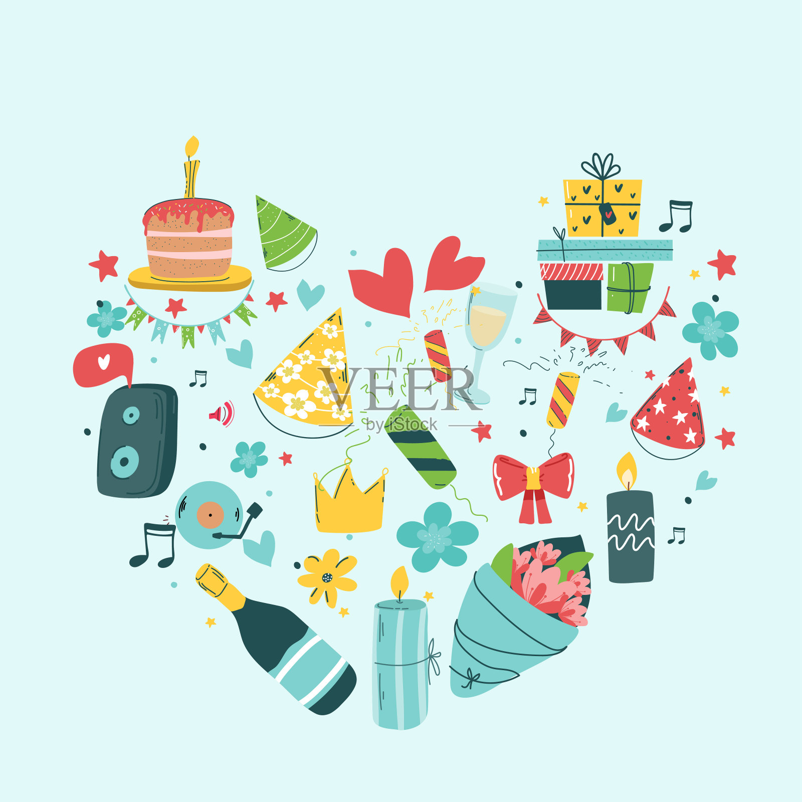生日聚会孤立的元素设置在一个心形的形状。手绘插图，贺卡，请柬设计元素。蛋糕配蜡烛，气球。节日庆祝，聚会装饰。手写的文字插画图片素材