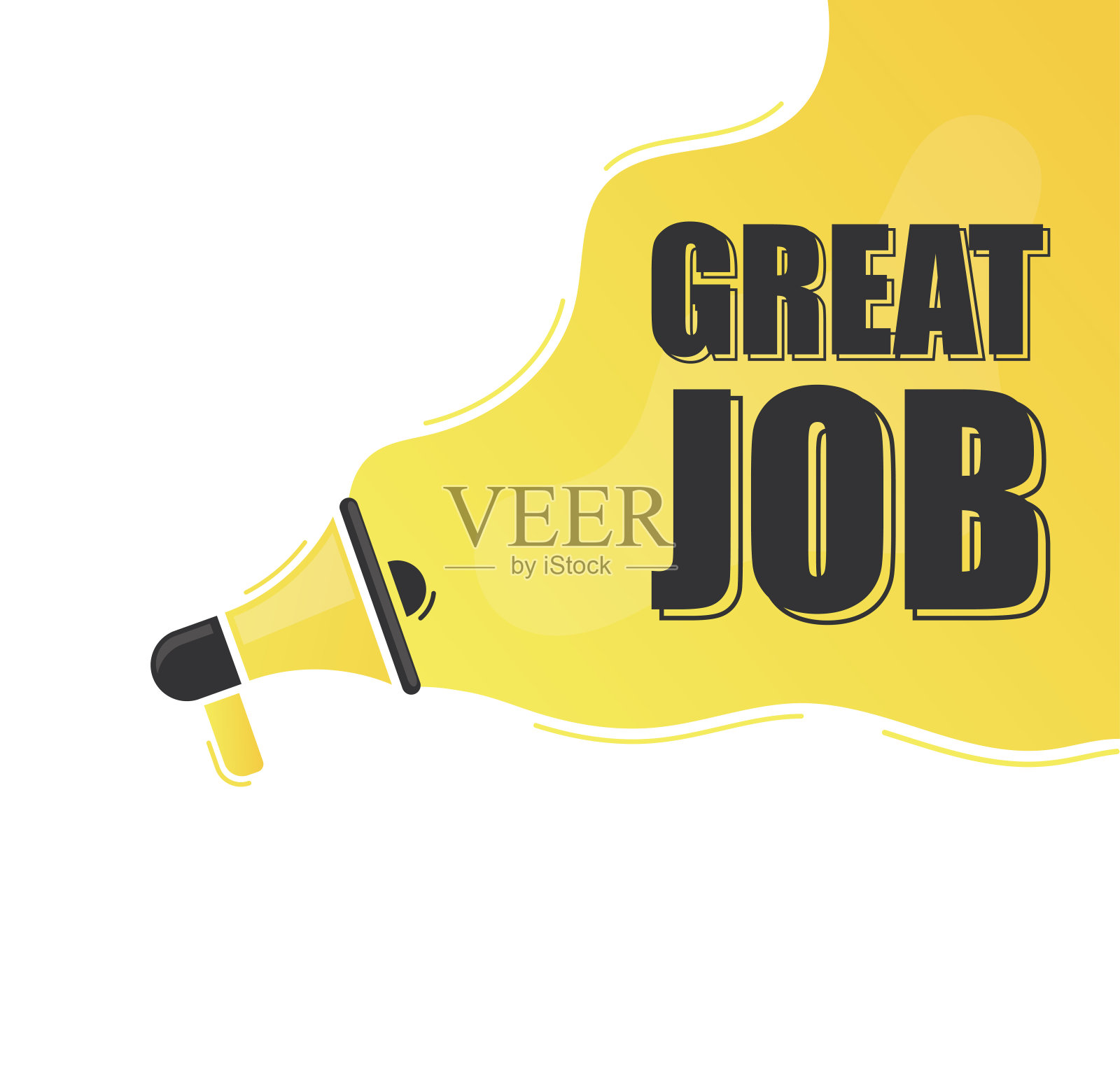 伟大的工作。扩音器警报信息。特价标志。广告打折标志。宣布促销优惠。信息泡沫。很棒的工作短信。插画图片素材