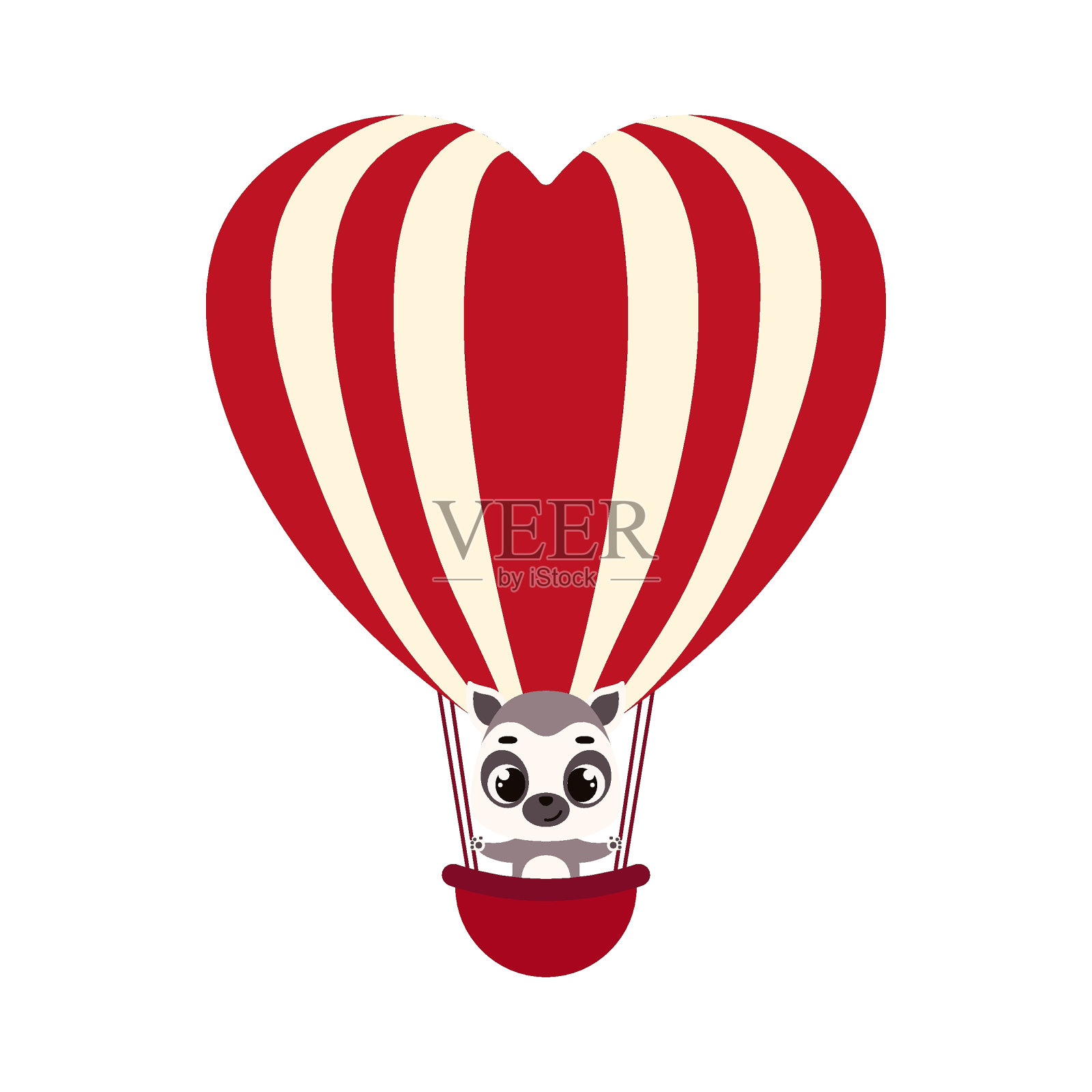 可爱的小狐猴飞上了心灵的热气球。卡通动物角色儿童卡片，婴儿淋浴，邀请，海报，t恤组成，房子内部。矢量股票图插画图片素材