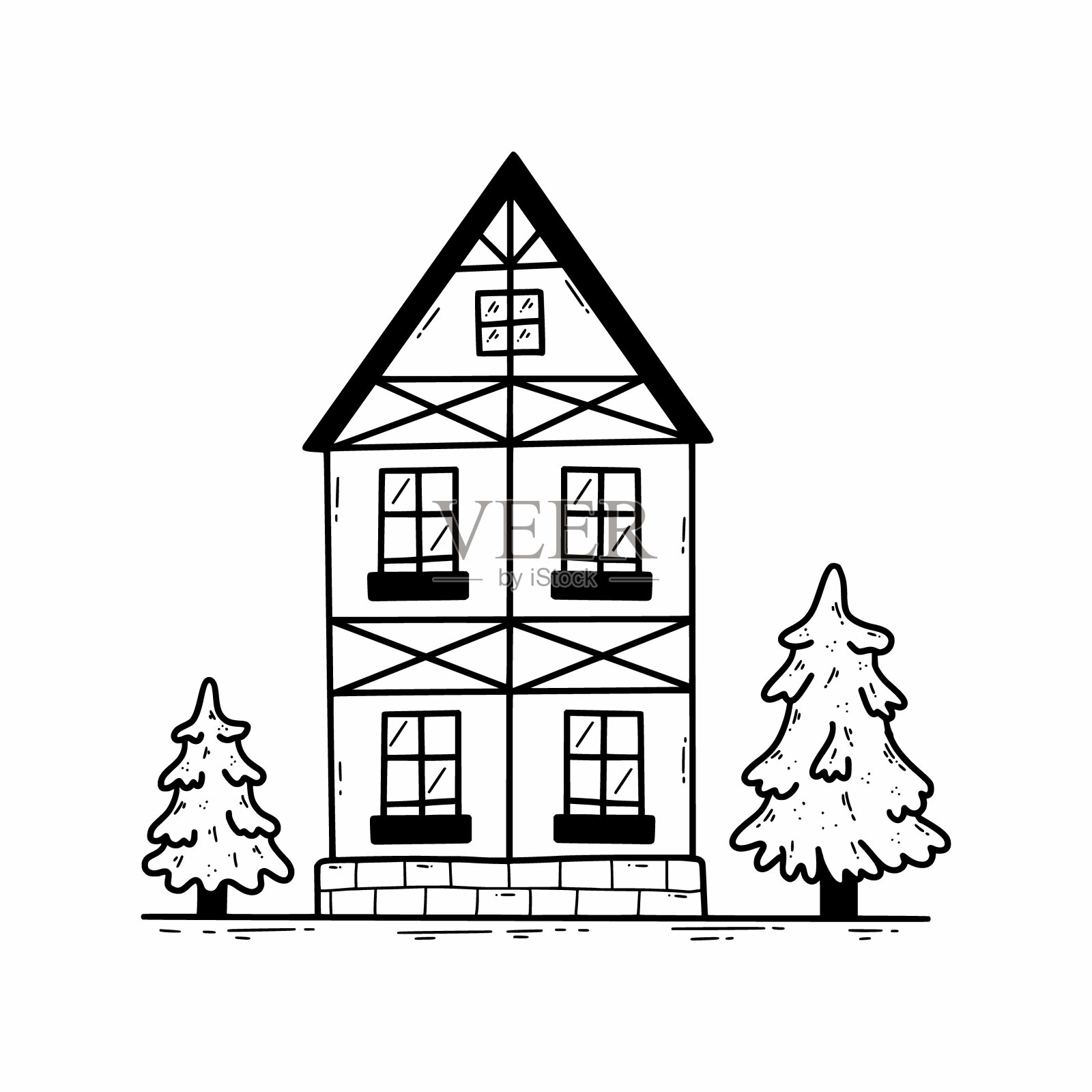 德国两层楼的房子。德国的建筑。矢量涂鸦插图。草图。插画图片素材