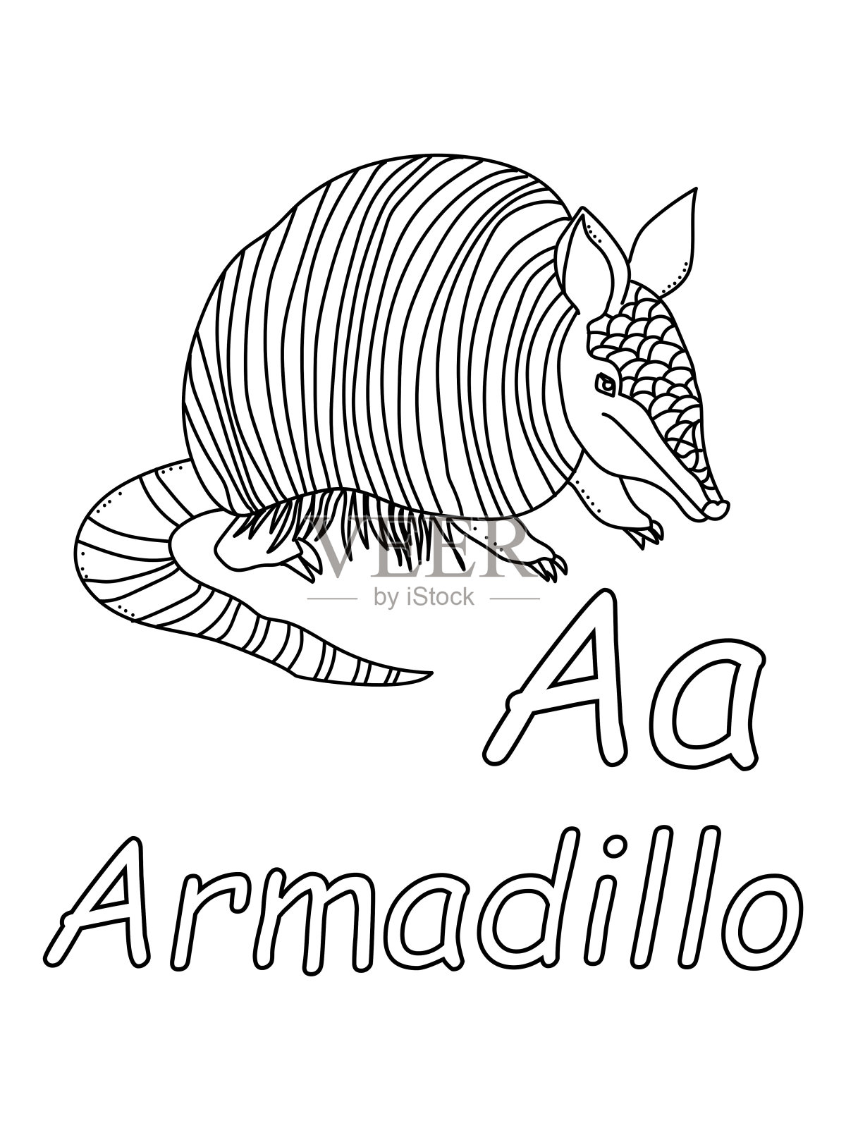 犰狳，字母A涂色页，儿童教育页插画图片素材