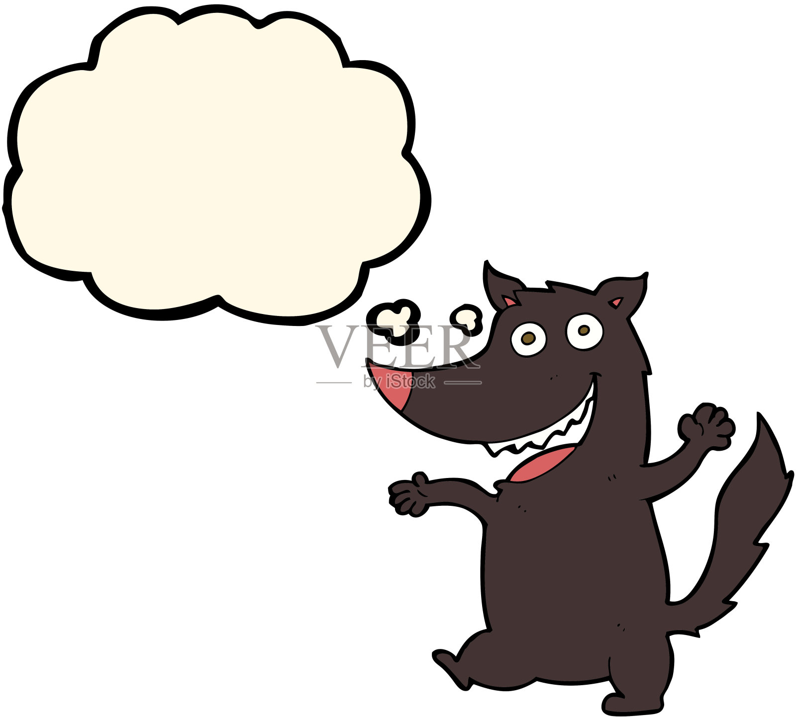 卡通快乐狼与思想泡泡插画图片素材