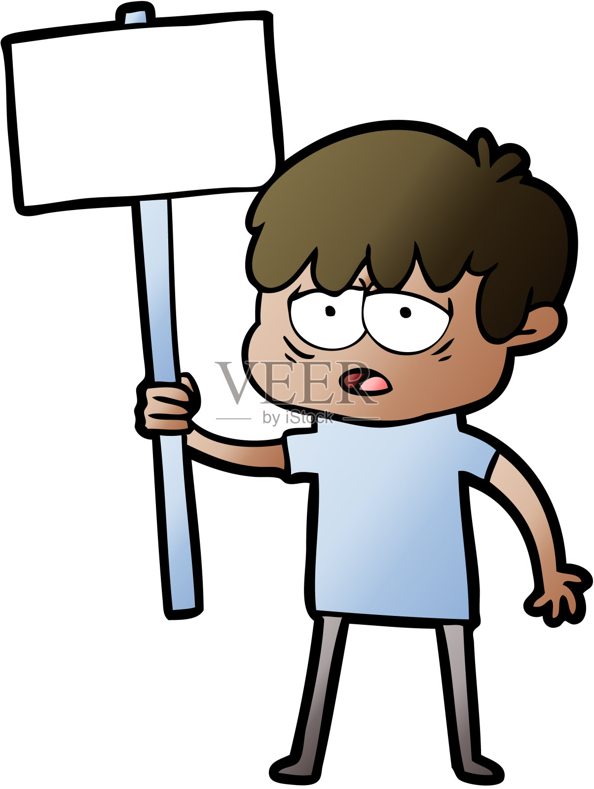 卡通精疲力竭的男孩与标语牌插画图片素材