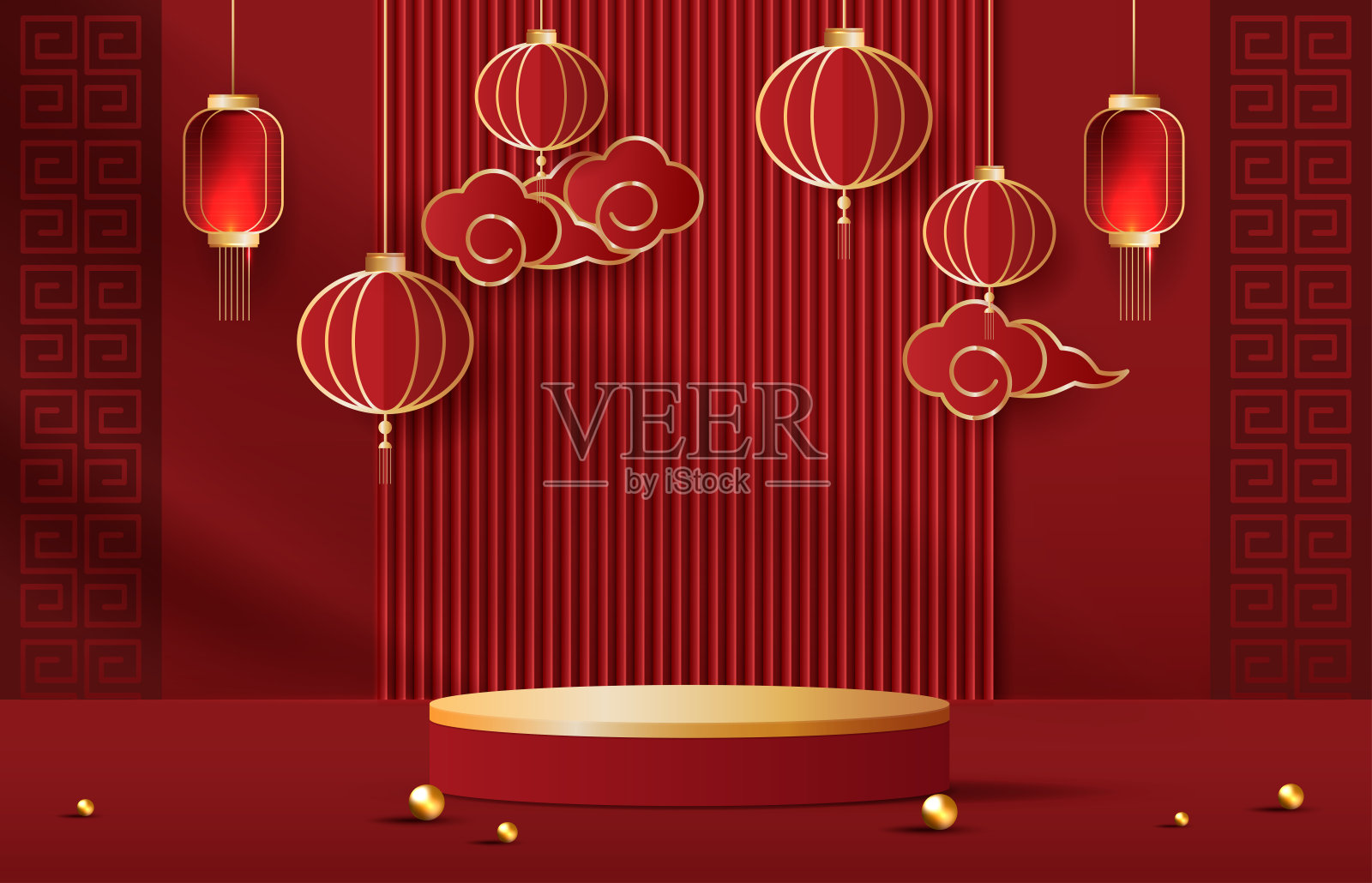 讲台舞台中式风格的中国新年和节日或中秋节与红色背景。用彩灯和彩云模拟舞台。矢量设计。插画图片素材