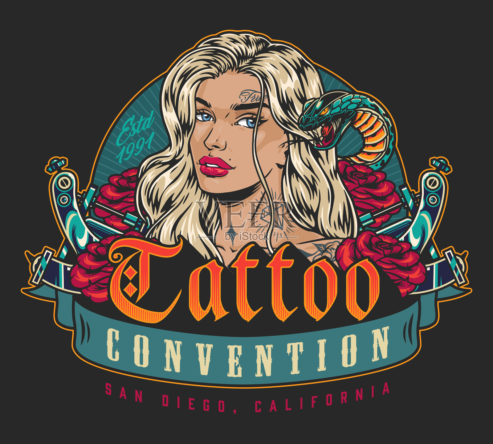 纹身的金发女人五颜六色的传单插画图片素材