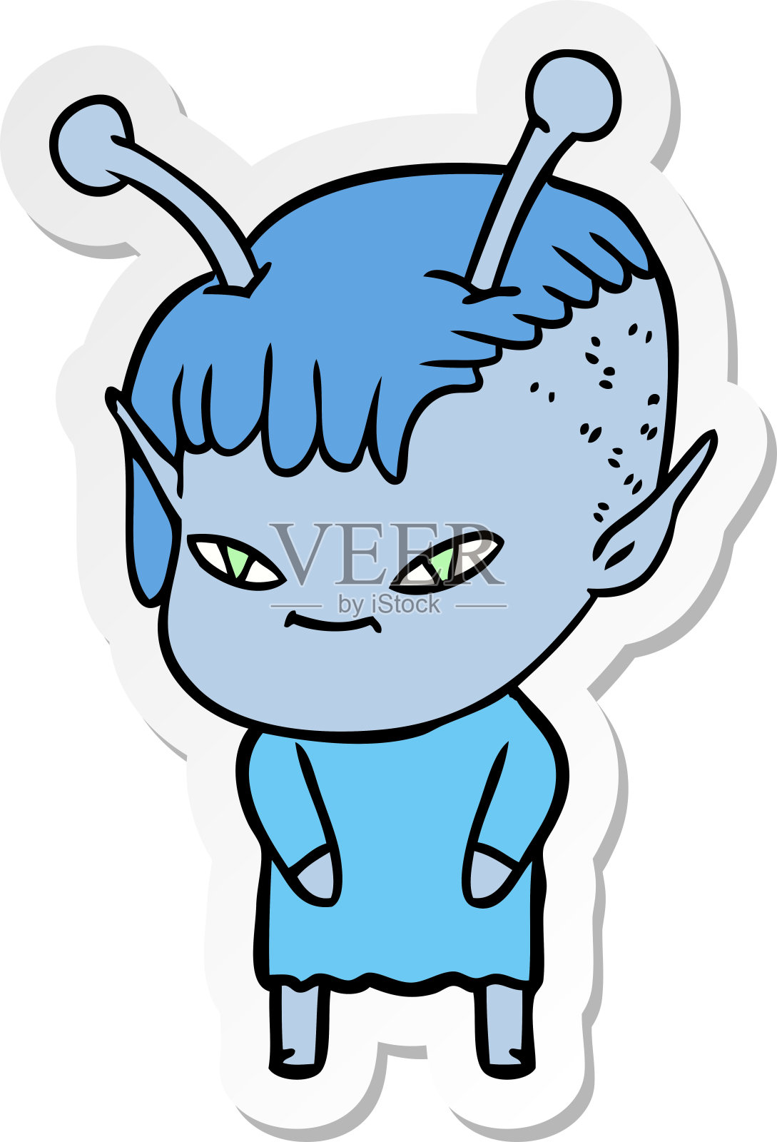 一个可爱的卡通外星人女孩的贴纸插画图片素材