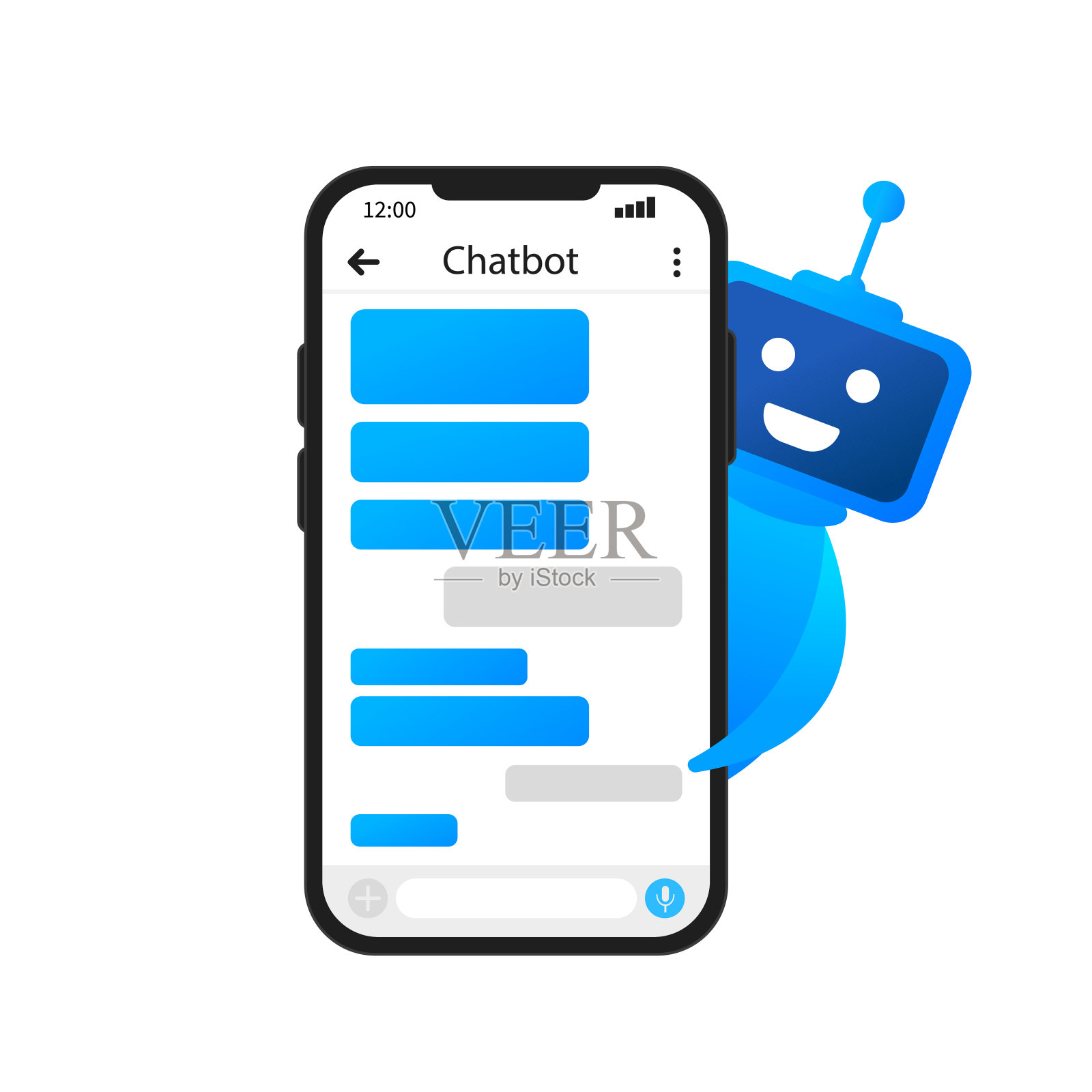 手机上的聊天机器人和从手机后面向外窥视的机器人。矢量图插画图片素材