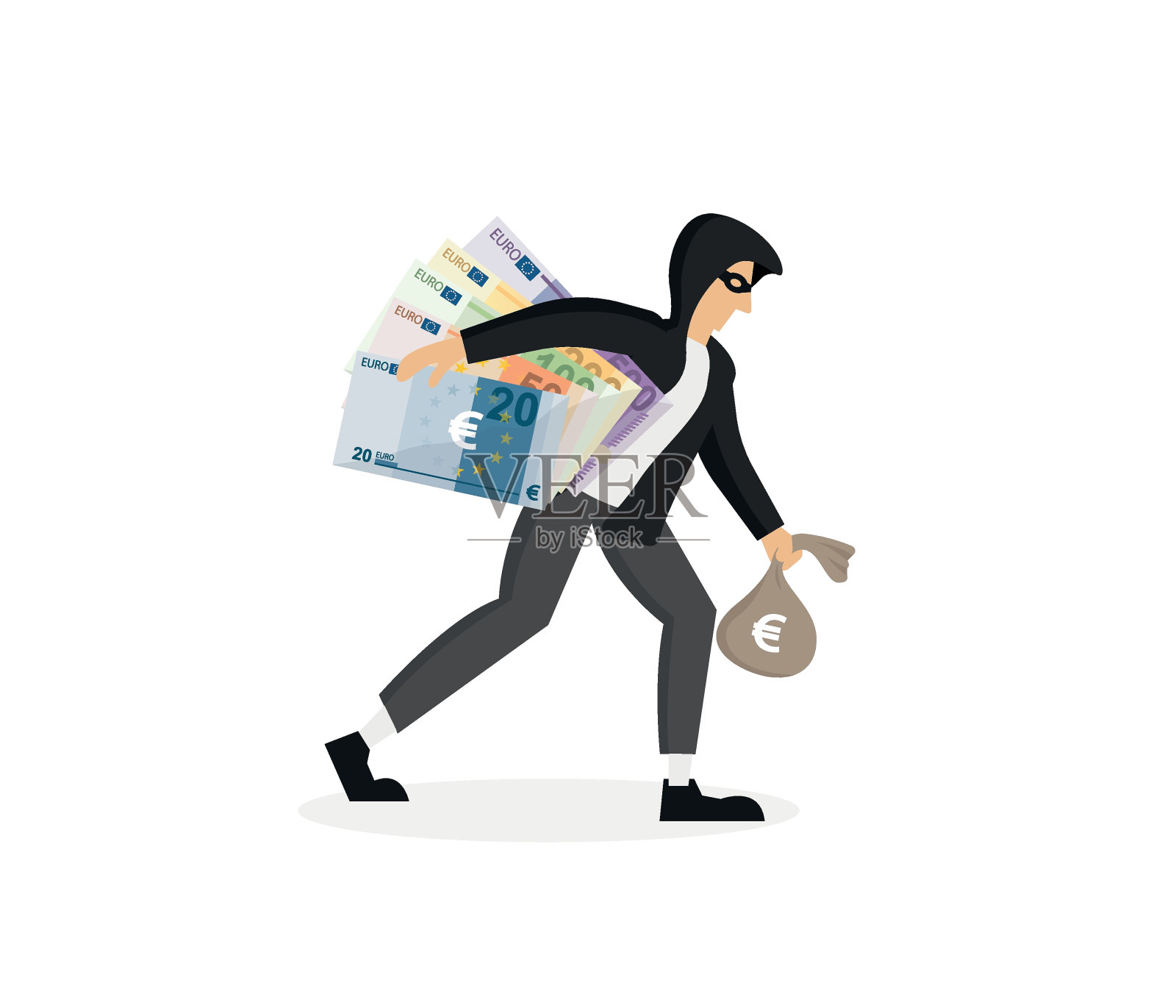 经济犯罪。一箱钱戴着小偷眼罩，手里拿着一大袋钱。强盗。平面矢量图。插画图片素材