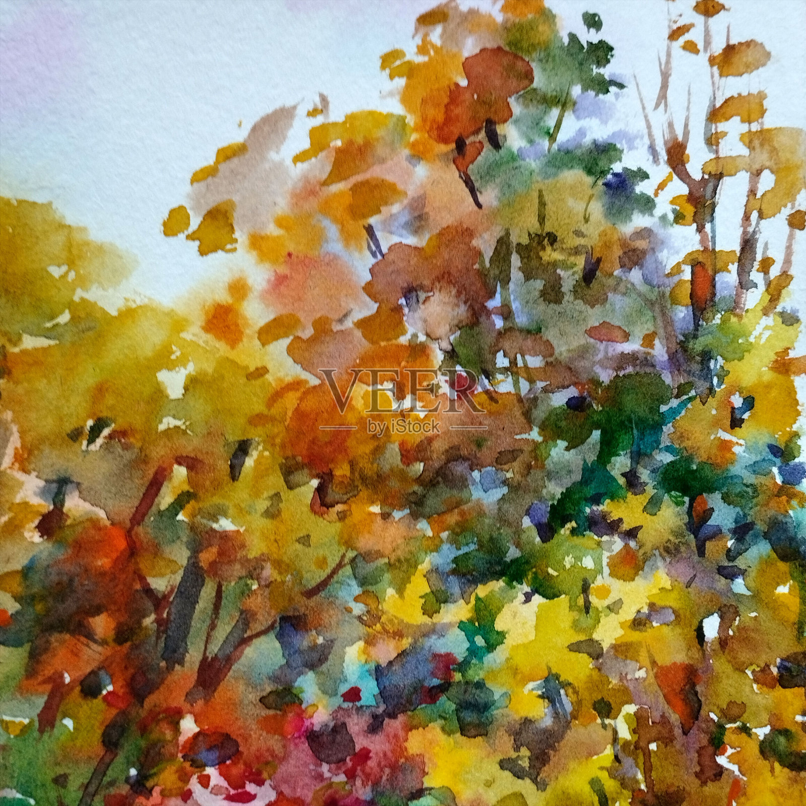 水彩色彩鲜艳的纹理抽象背景手工制作。地中海景观。画的是秋天的公园，用自然水彩画的手法插画图片素材