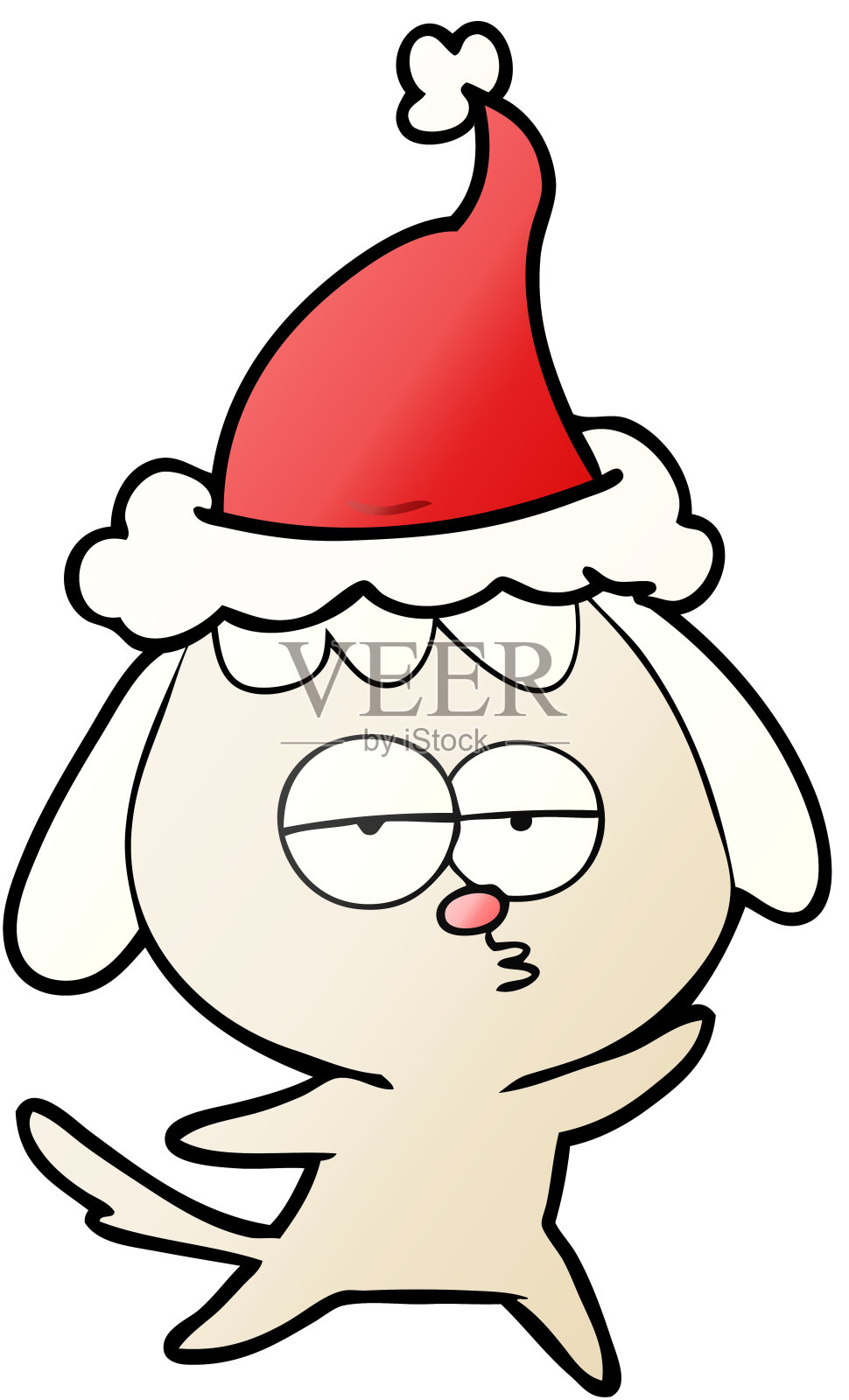 手绘渐变卡通无聊的狗戴着圣诞老人的帽子插画图片素材