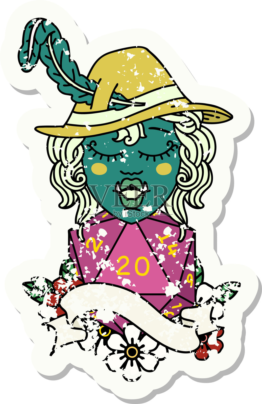 复古纹身风格歌唱半兽人吟游诗人字符与自然二十骰子滚动插画图片素材