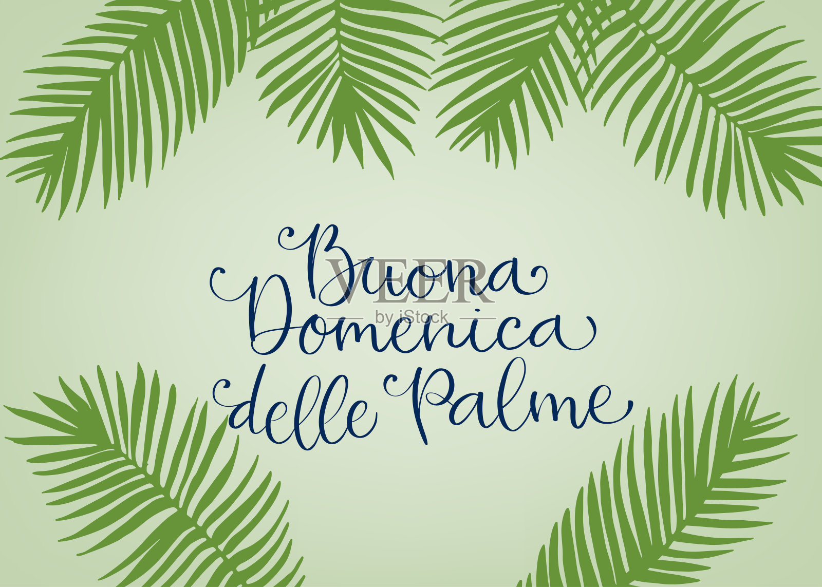 Buona Domenica delle Palme翻译自意大利语棕枝主日快乐。手写书法字母与棕榈叶矢量插图。设计元素图片