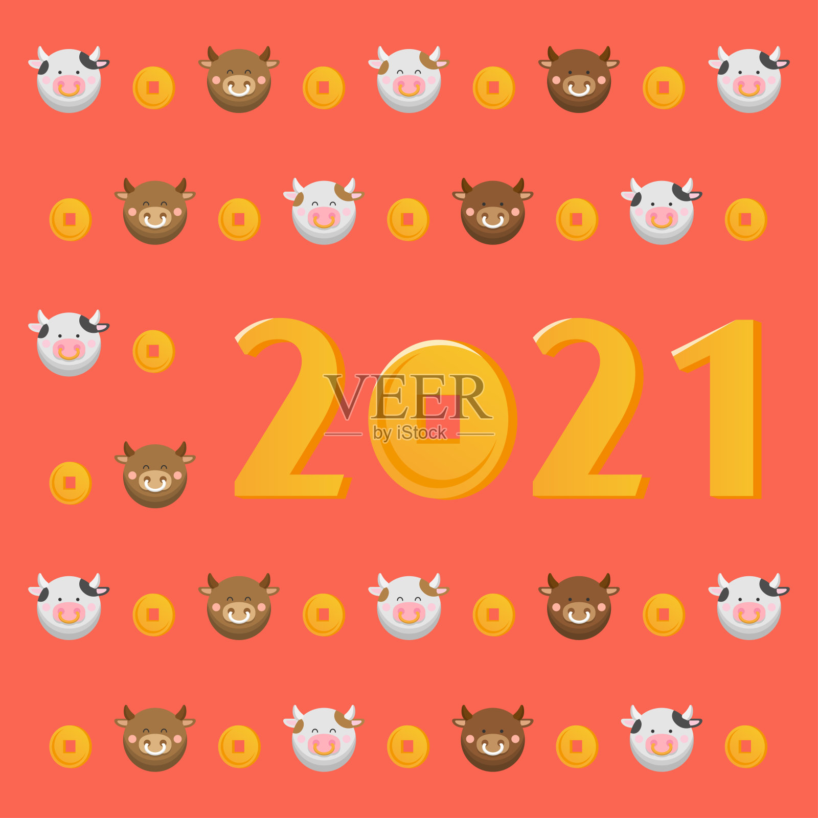 连续图文背景为2021新年可爱卡通牛和金币，漫画插画矢量插画图片素材