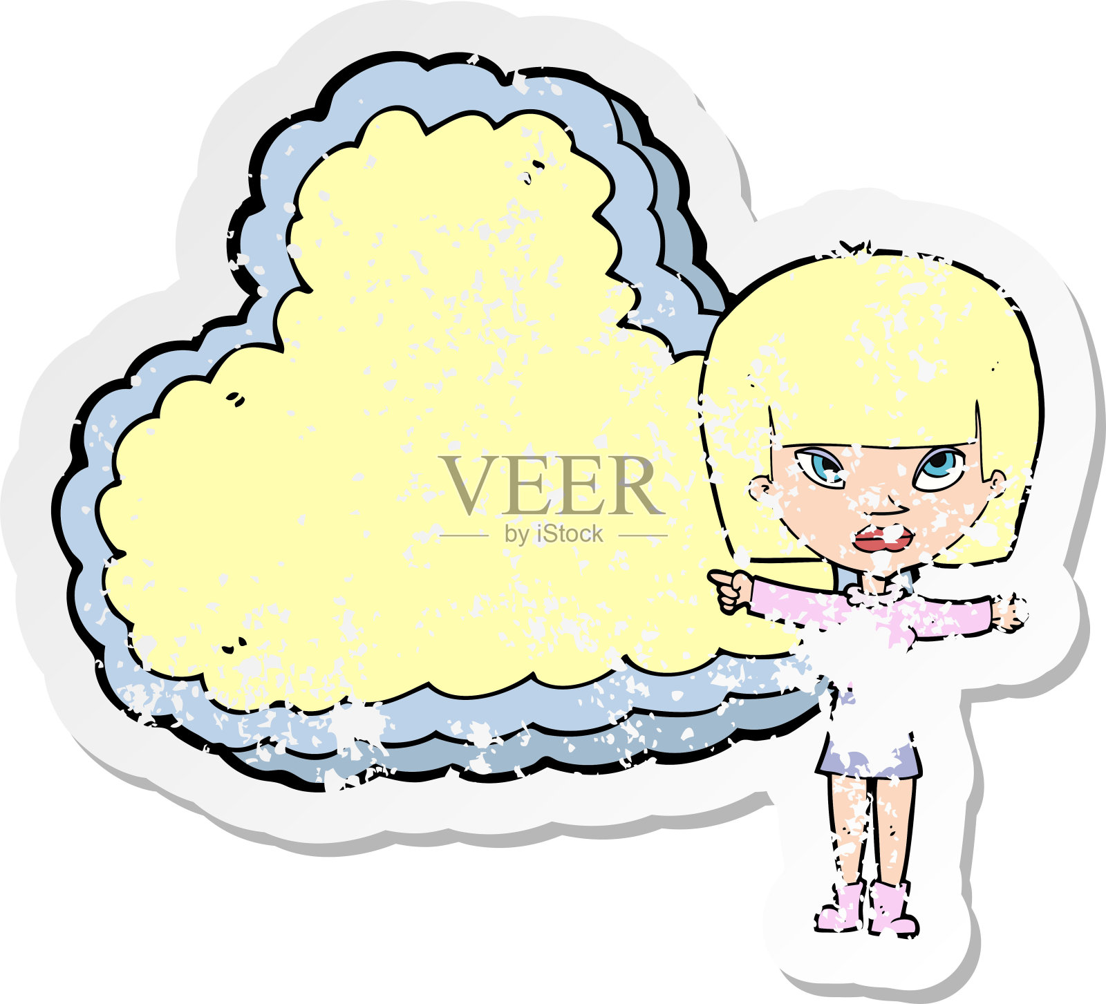 复古心疼贴纸的卡通女人与云文本空间插画图片素材