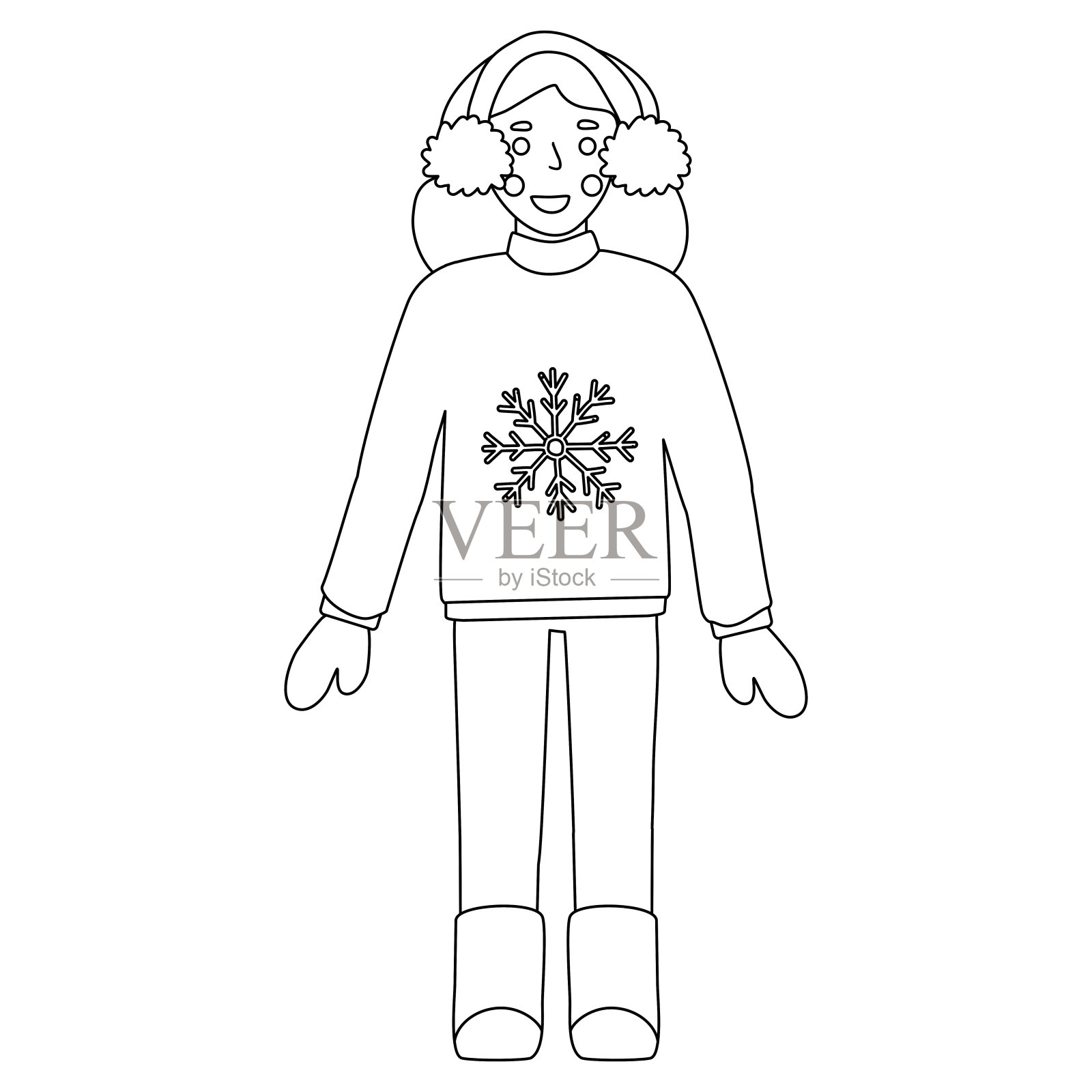 女人在针织毛衣，手套和耳套，涂鸦风格平面矢量轮廓涂色书插画图片素材