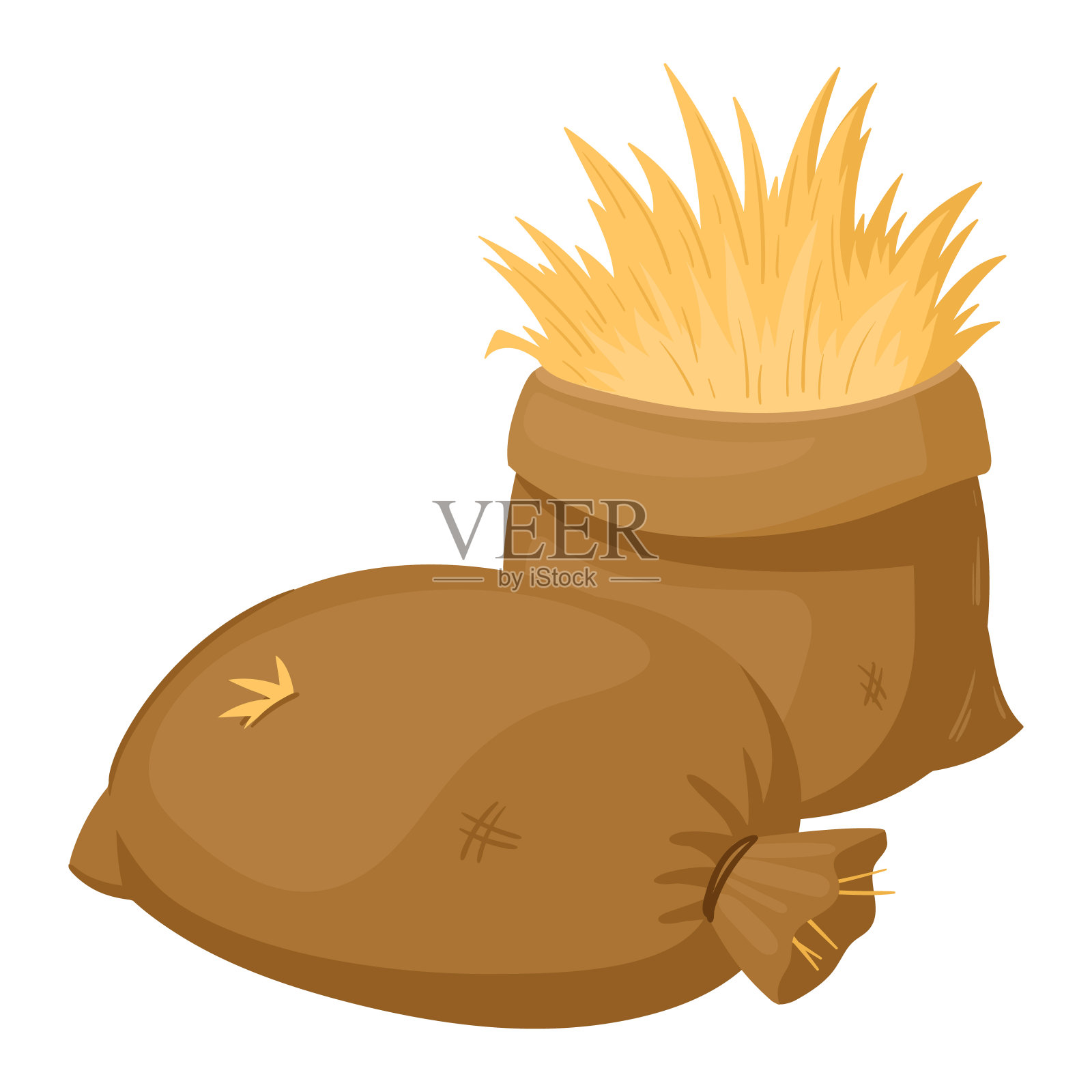 卡通的干草袋。农村农业干草，干饲料秸秆和干草袋矢量插图在白色背景插画图片素材