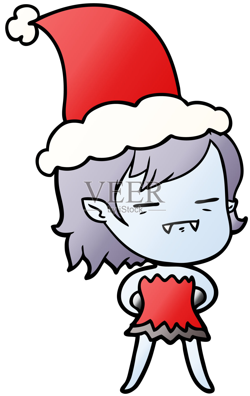 手绘渐变卡通的不死吸血鬼女孩戴着圣诞老人的帽子插画图片素材