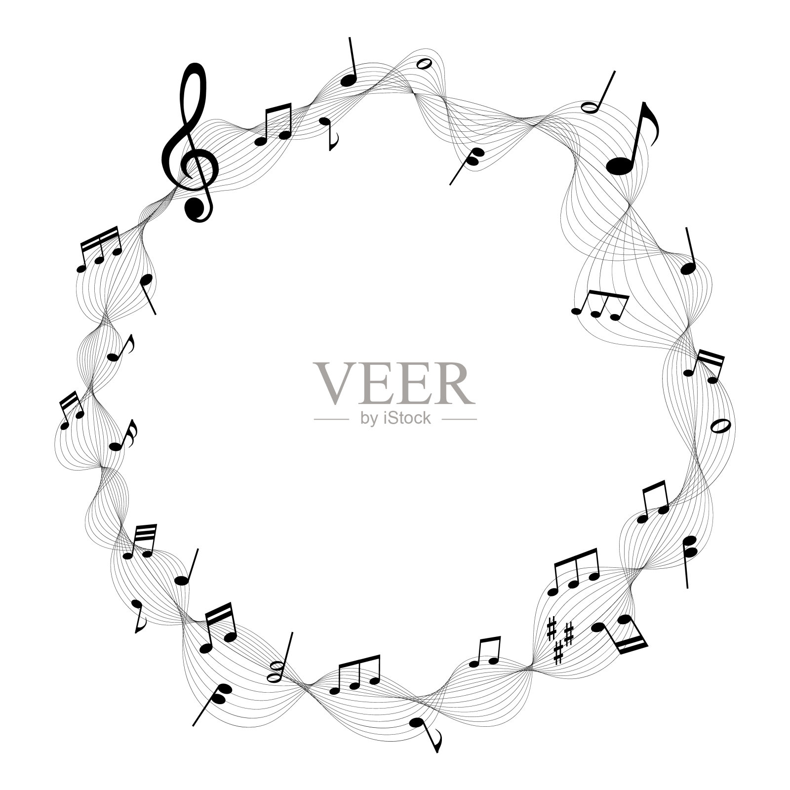 矢量插图的灰色乐谱圈框-音符旋律插画图片素材