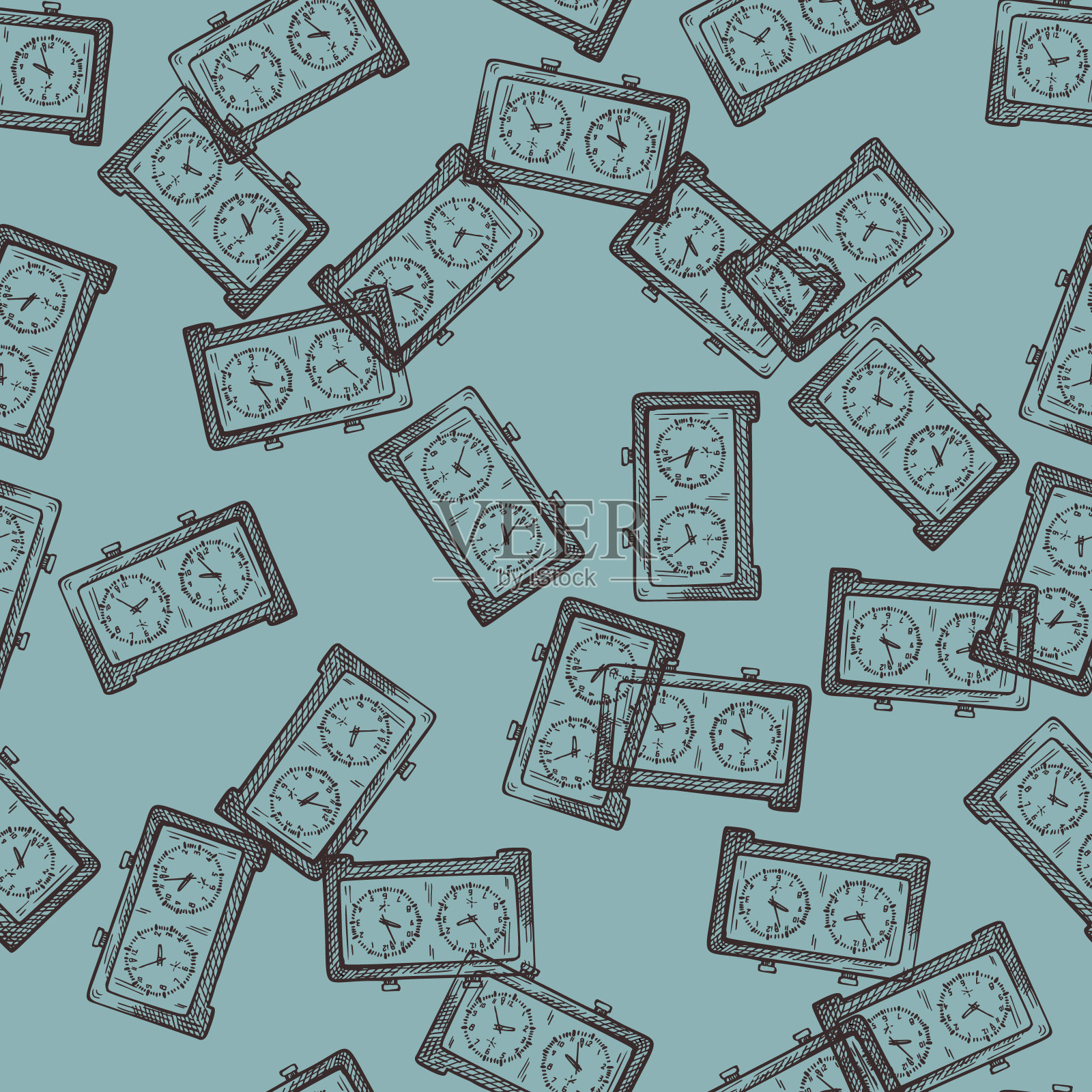 象棋时钟刻无缝图案。复古手表象棋游戏的手绘风格。素描纹理的织物，墙纸，纺织品，印刷，标题，包装纸。矢量插图。插画图片素材