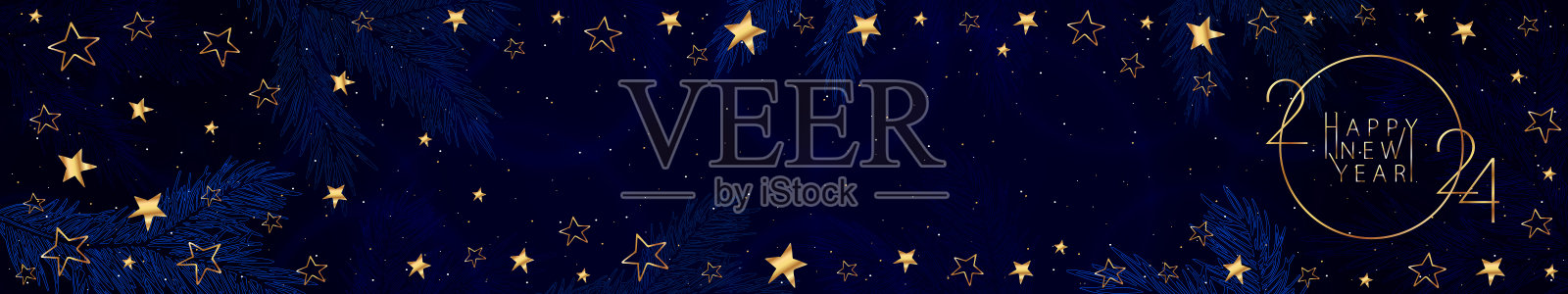 色彩鲜艳的蓝色节日横幅，带有程式化的金色铭文2024插画图片素材