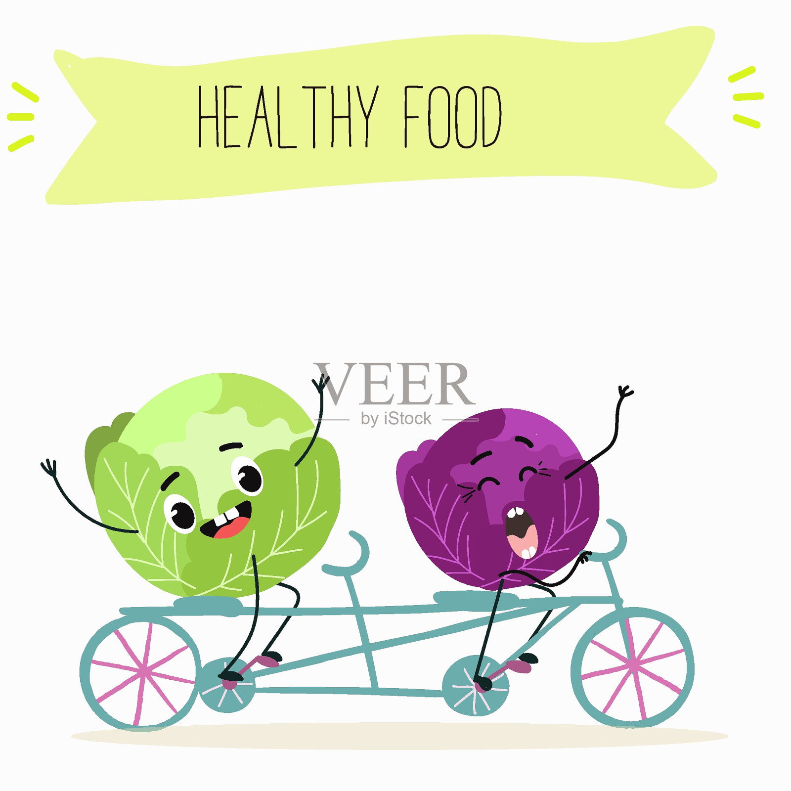 插图与滑稽人物卷心菜，红色的卷心菜。有趣又健康的食物。维生素，萌面食品，食材，素食，矢量卡通，抗氧化剂。插画图片素材