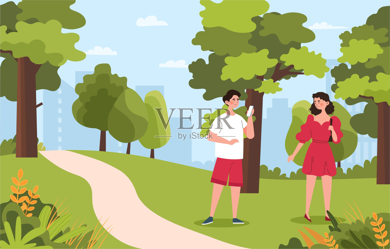 男人在公园里给女人拍照插画图片素材