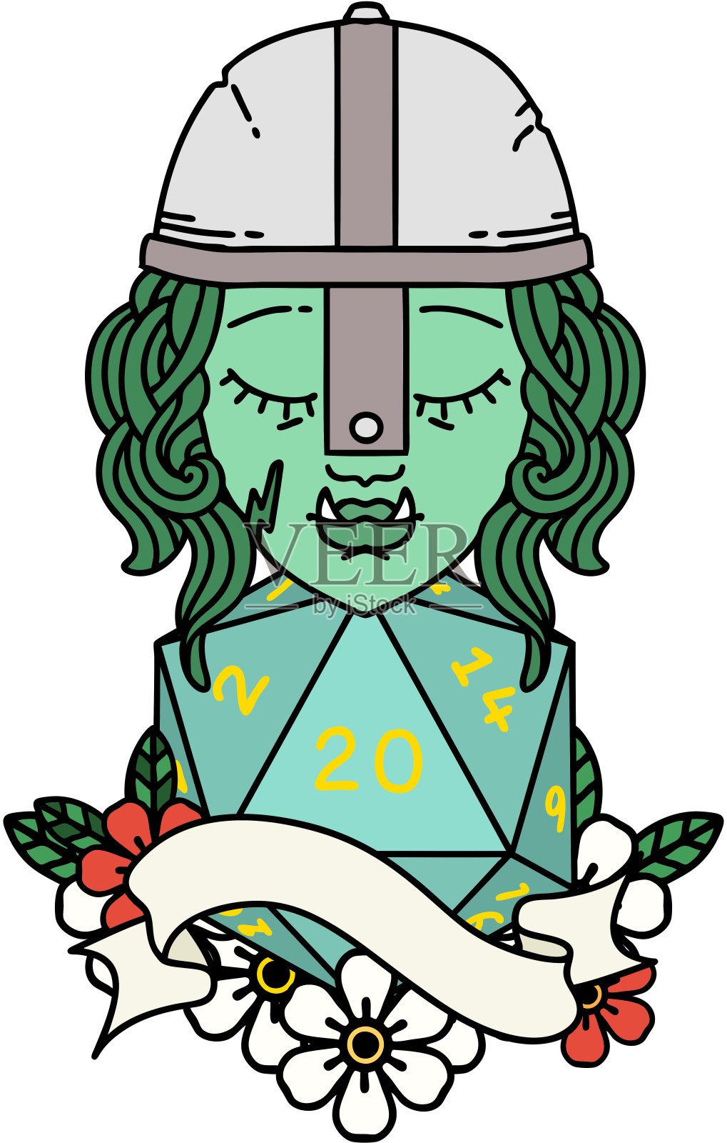 复古纹身风格的半兽人战士角色与自然20骰子滚动插画图片素材