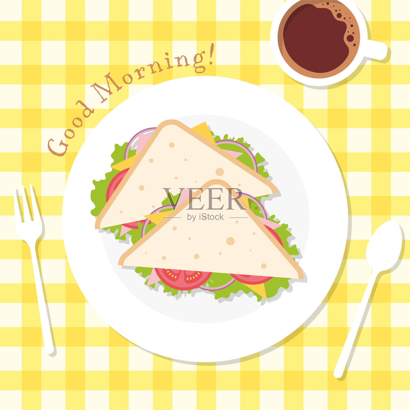 矢量背景三角形三明治，咖啡在桌子上的横幅，卡片，传单，社交媒体壁纸等。插画图片素材