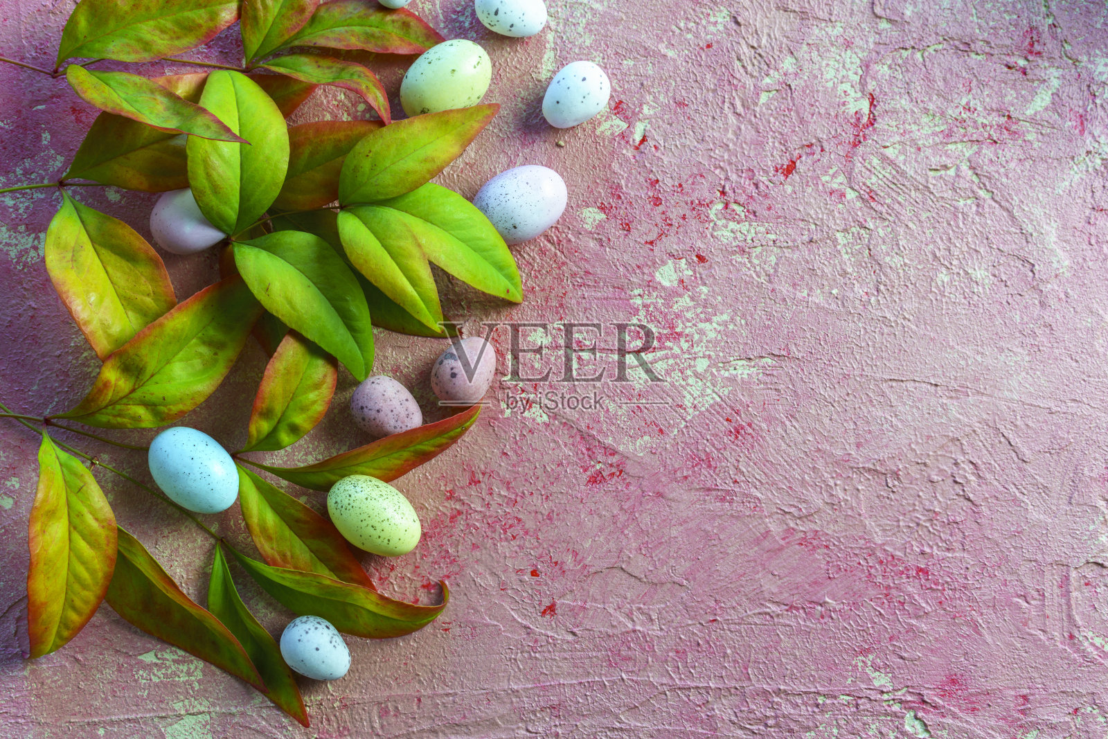 复活节装饰组成与复活节斑点蛋和叶枝与绿色和红色的叶子。在一个石头洗过的背景与文字的地方。照片摄影图片