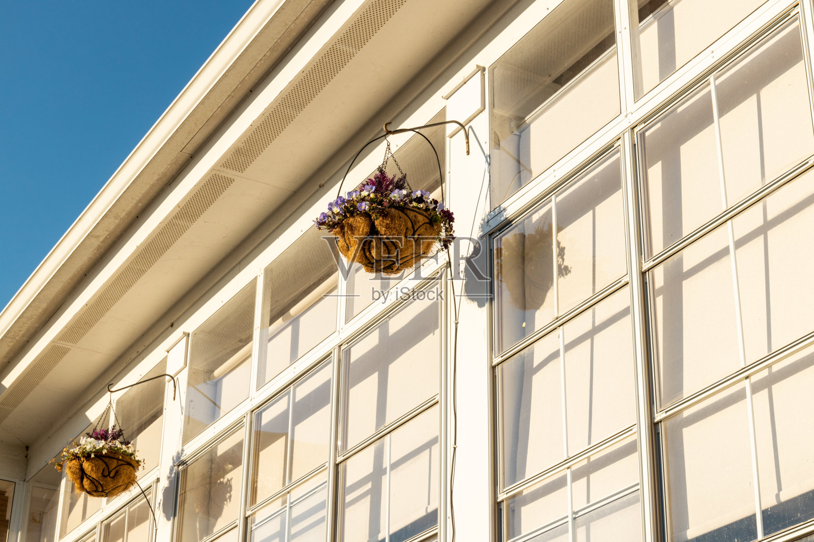 在美国南卡罗来纳州的Murrells Inlet，两个花盆挂在一座白色建筑的正面照片摄影图片