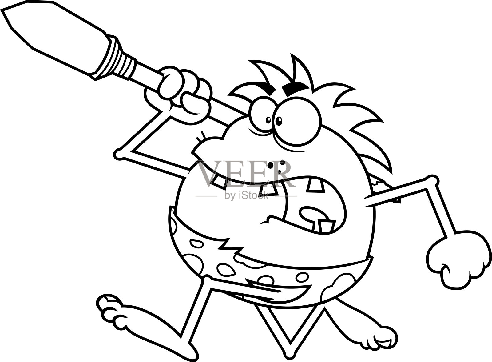 描绘了愤怒的穴居人卡通人物手持长矛奔跑插画图片素材