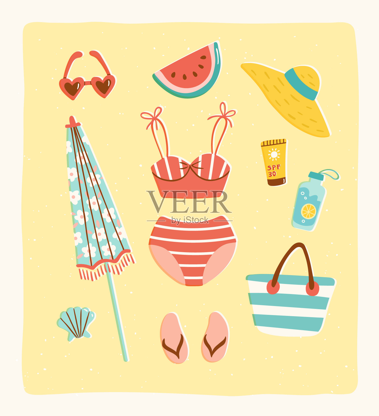 一套复古风格的海滩项目，包括泳衣和太阳镜插画图片素材
