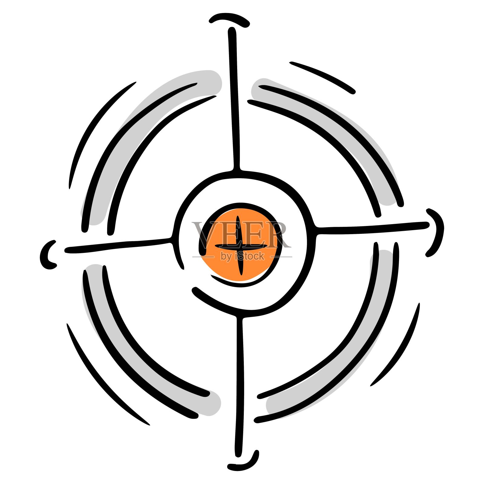 灰色圆形目标与橙色的中心，打击靶心，矢量孤立的元素在涂鸦风格，黑色轮廓，白色背景，彩色商业涂鸦插画图片素材