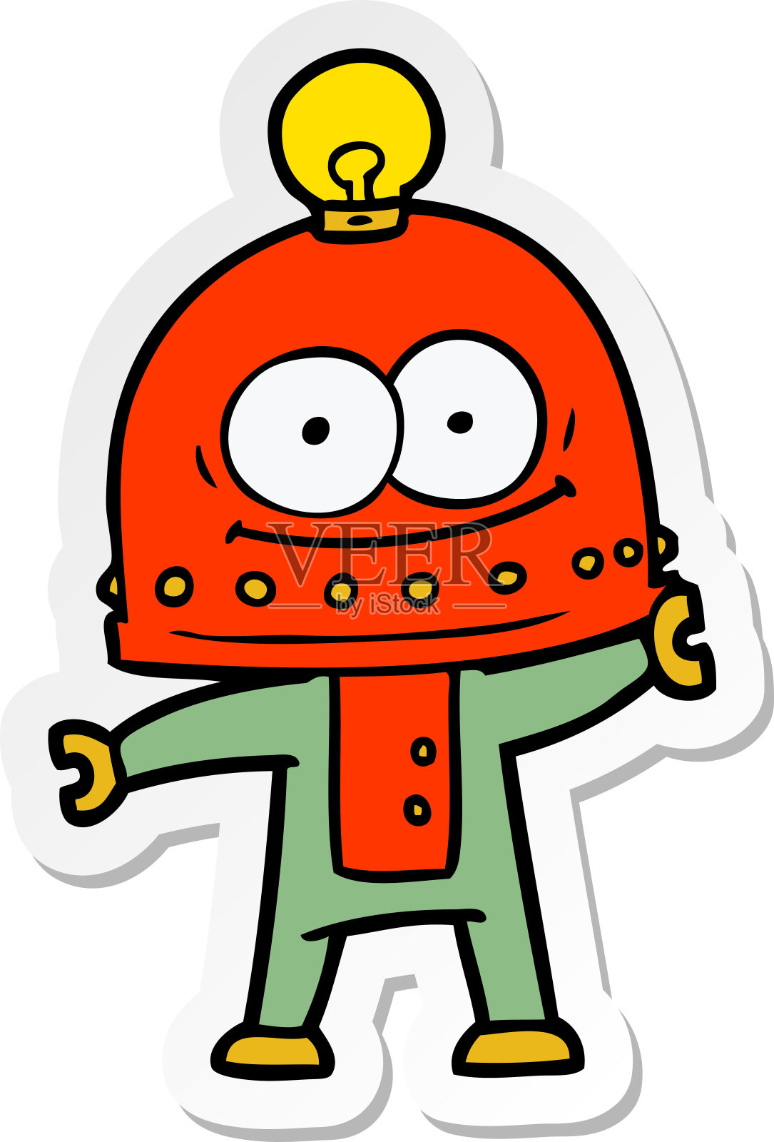 贴纸的快乐纸箱机器人与灯泡插画图片素材