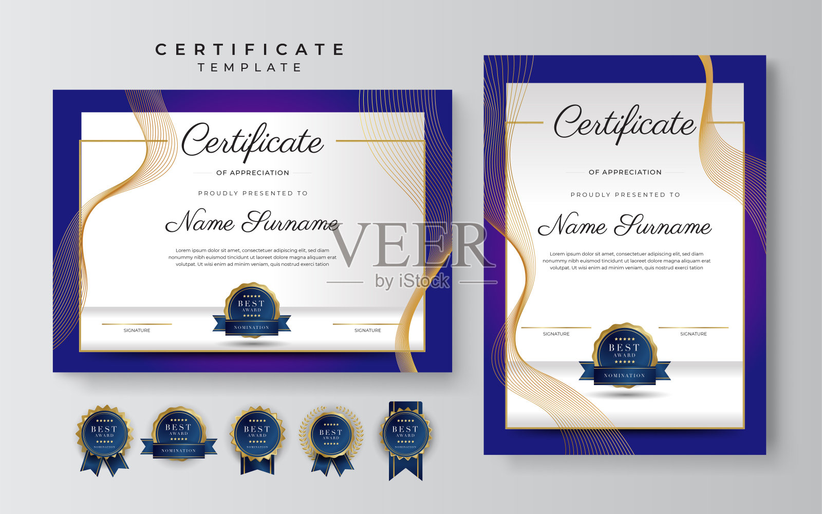 现代时尚的深紫色紫色成绩证书边框模板与豪华徽章和现代线条图案。为了奖励、商业和教育需求插画图片素材