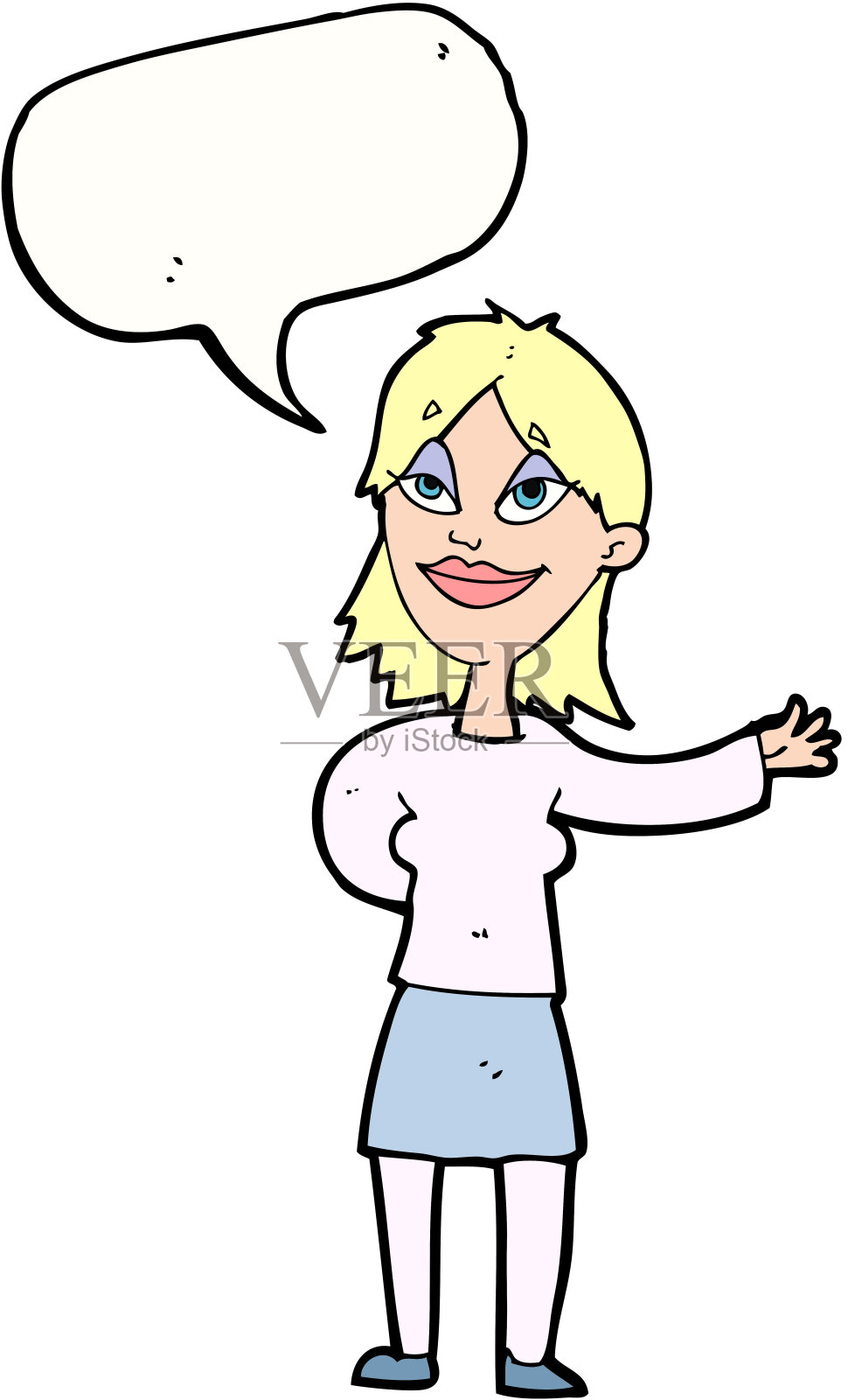 卡通女人用手势显示有语音气泡的东西插画图片素材