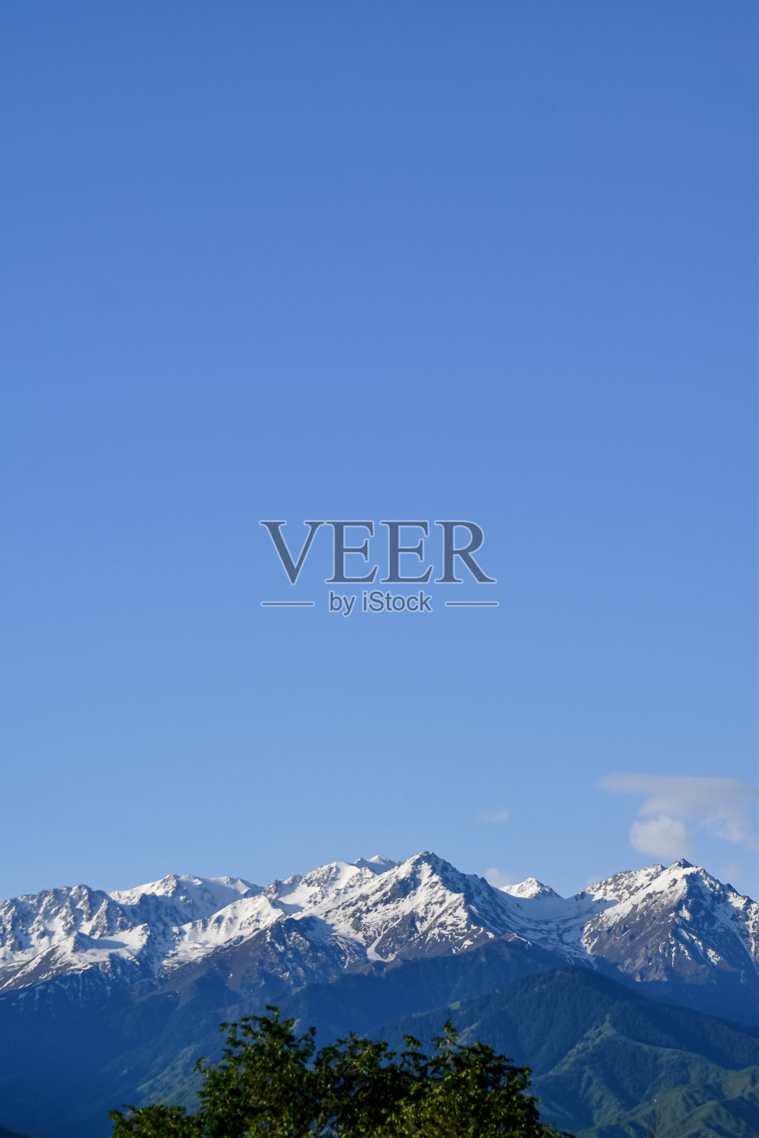 拍摄白雪覆盖的绿色森林山脉(夏天，春天)。Qazaqstan,哈萨克斯坦阿拉木图照片摄影图片