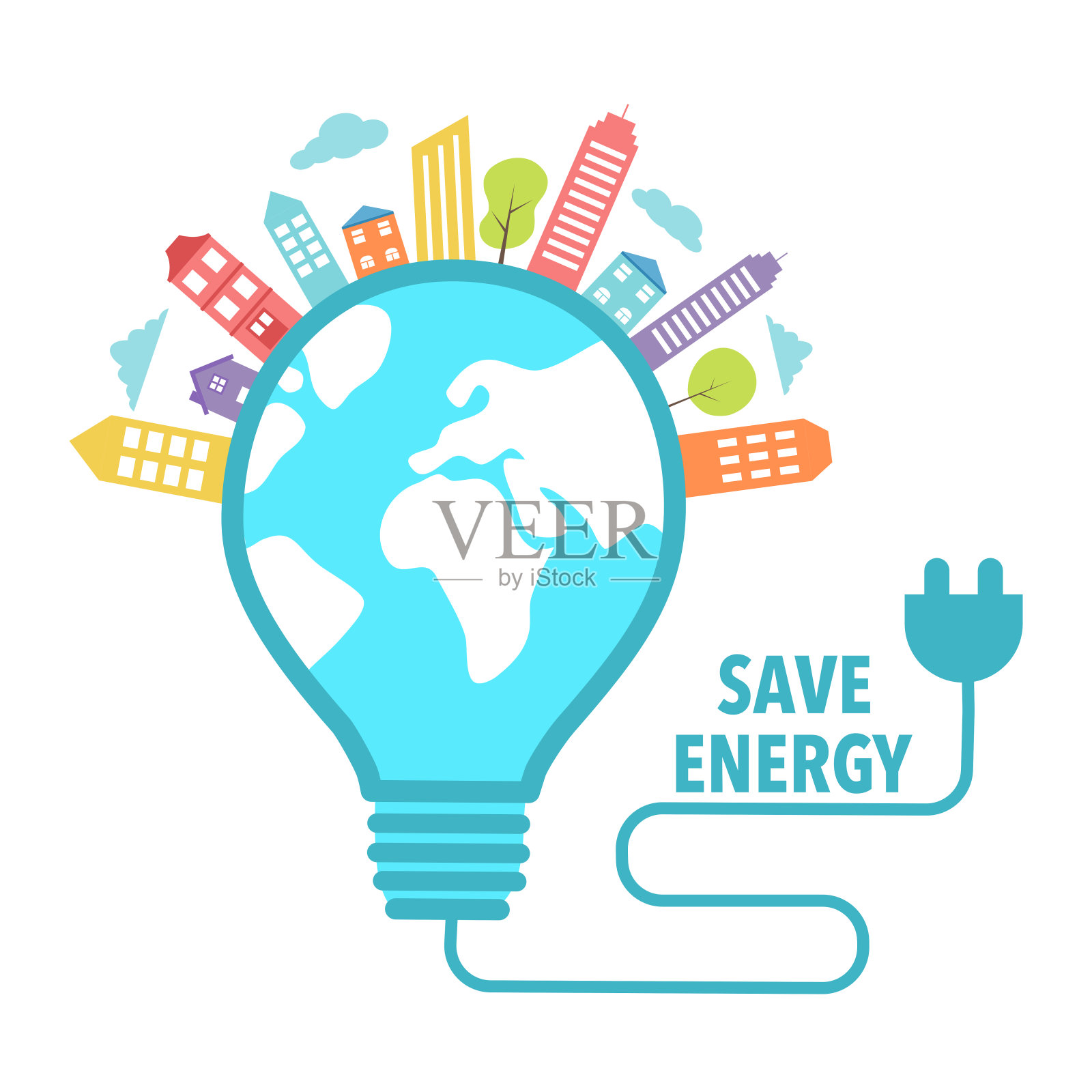节省能源概念矢量插图的白色背景。建筑和树木上的灯泡在平面设计。插画图片素材