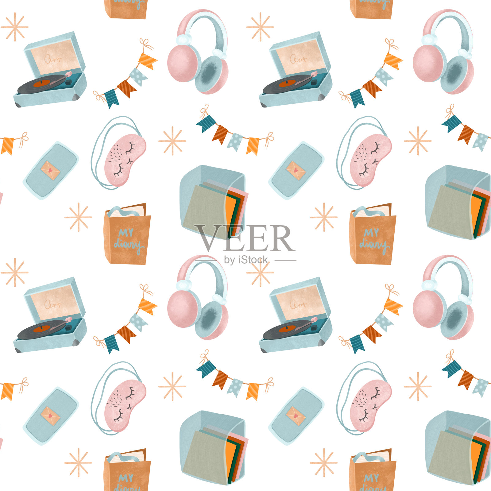 爱好和生活方式无缝模式(转盘，耳机，唱片)，白色背景插图插画图片素材