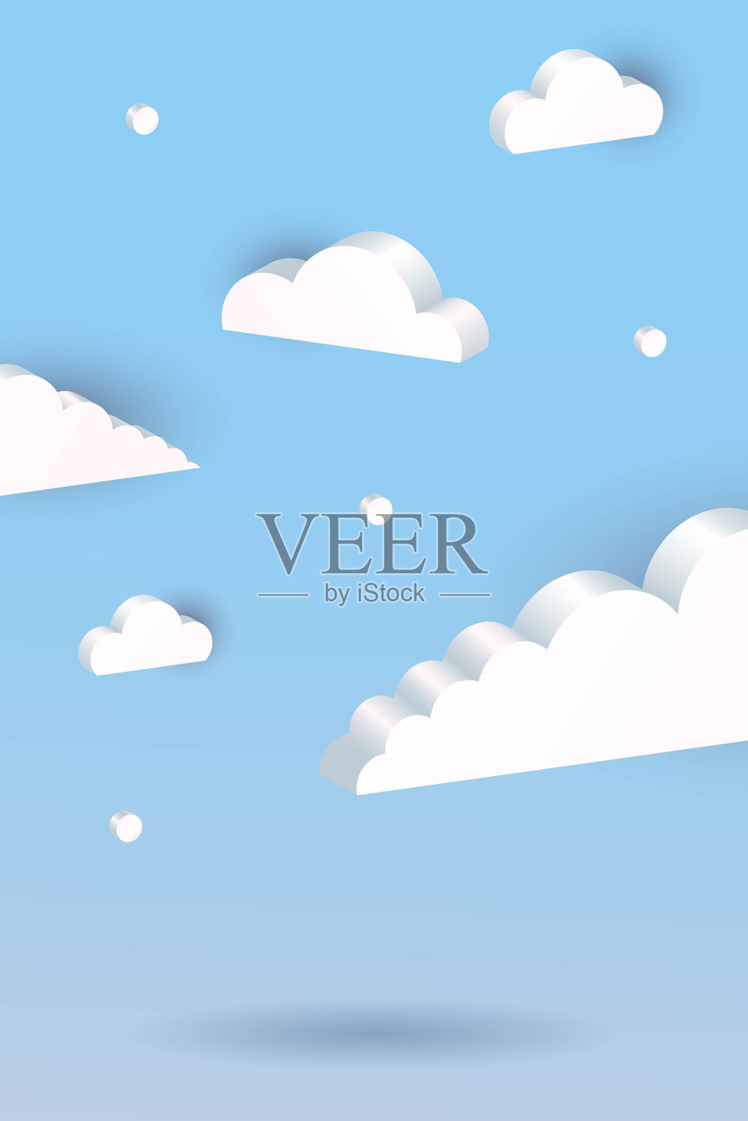 三维云背景。白色几何形状在蓝天，通信气球，网络互联网符号，气象气候，装饰背景，垂直海报或旗帜矢量孤立插图插画图片素材