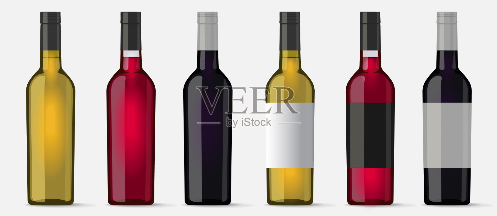 葡萄酒红白玫瑰瓶孤立在白色背景矢量三维图像剪贴画，葡萄酒精与空白不干胶标签模板模型逼真设置，模拟现代设计插画图片素材