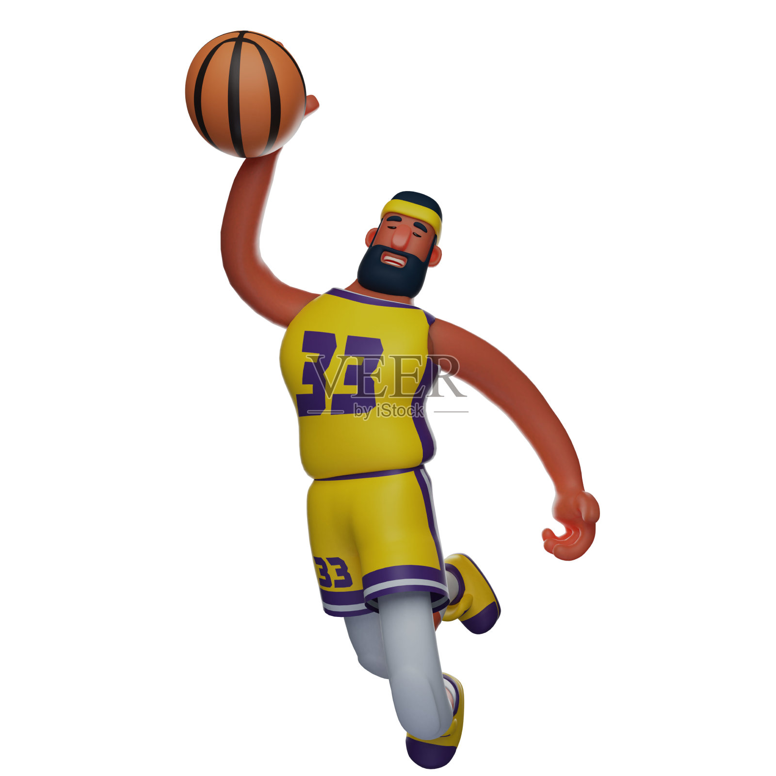 酷3D篮球运动员卡通设计与飞行射击球姿势照片摄影图片